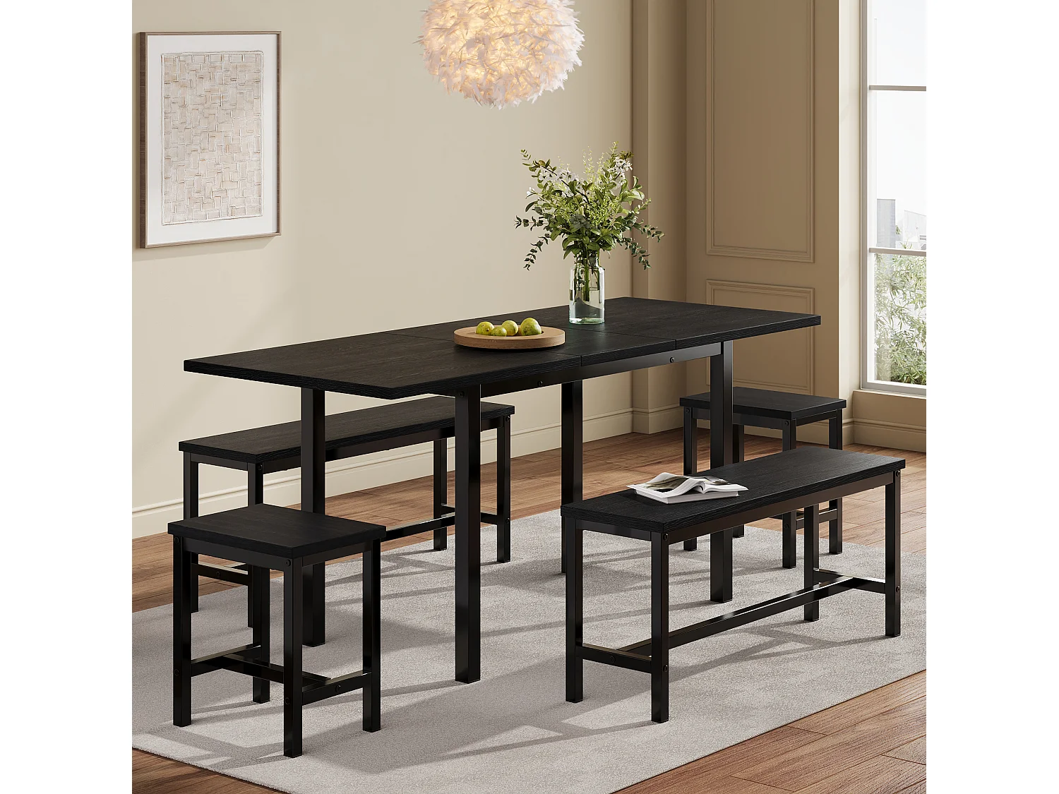Ensemble table à manger (avec table et 4 chaises), table extensible, 160 /120x70x75 cm, pour 6 personnes, noir (L160xP120xH75cm)