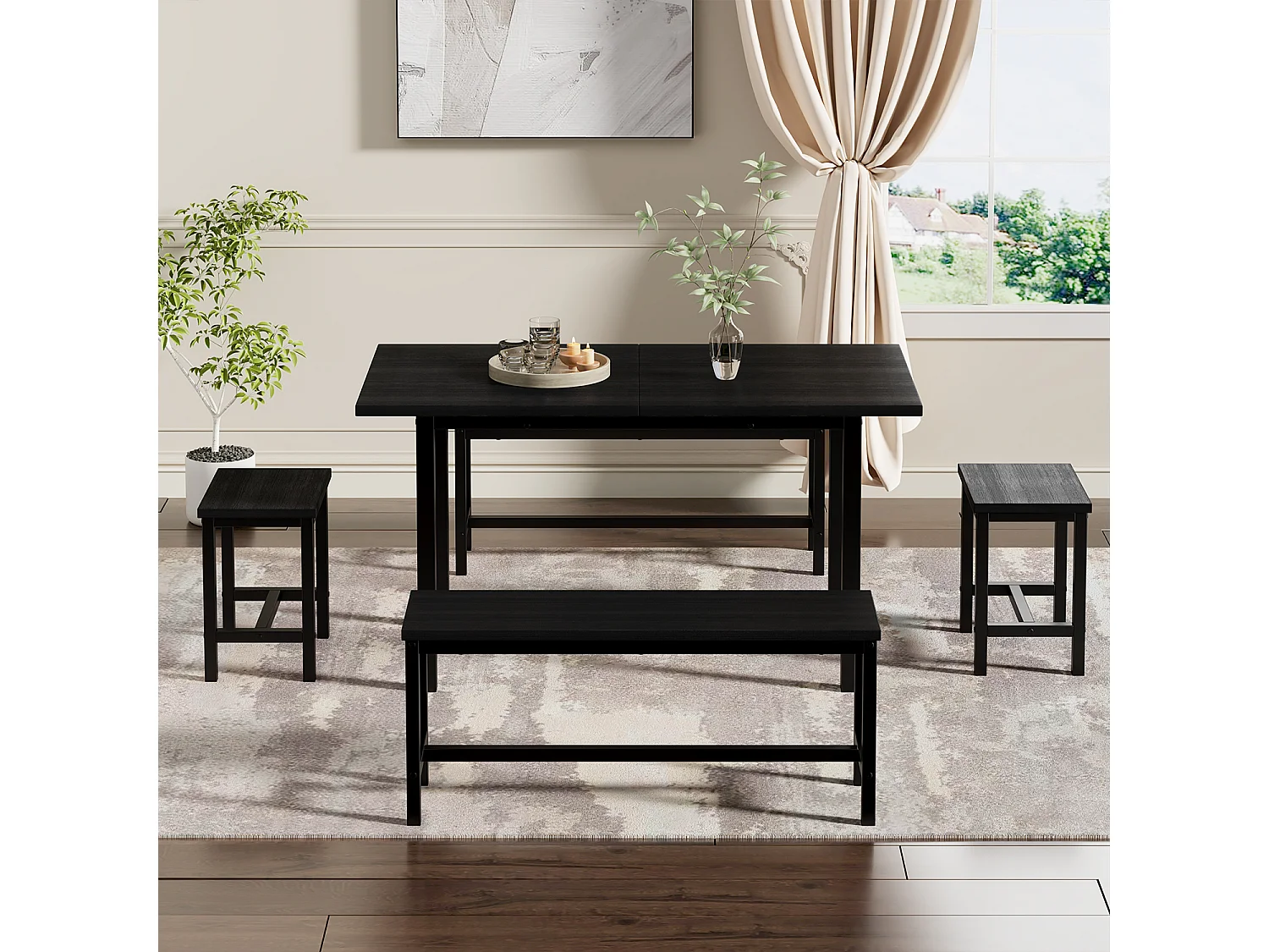 Ensemble table à manger (avec table et 4 chaises), table extensible, 160 /120x70x75 cm, pour 6 personnes, noir (L160xP120xH75cm)