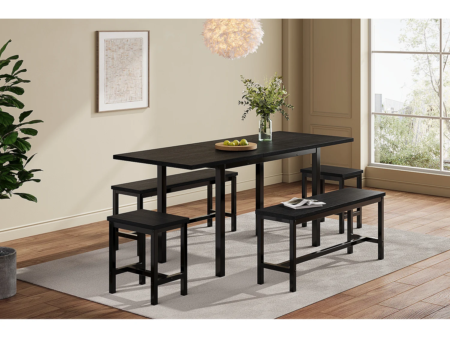 Ensemble table à manger (avec table et 4 chaises), table extensible, 160 /120x70x75 cm, pour 6 personnes, noir (L160xP120xH75cm)
