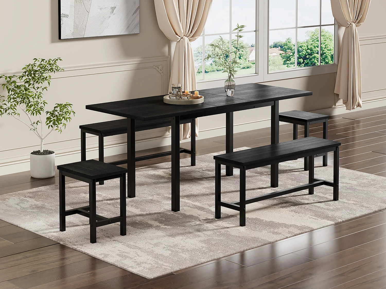 Ensemble table à manger (avec table et 4 chaises), table extensible, 160 /120x70x75 cm, pour 6 personnes, noir (L160xP120xH75cm)