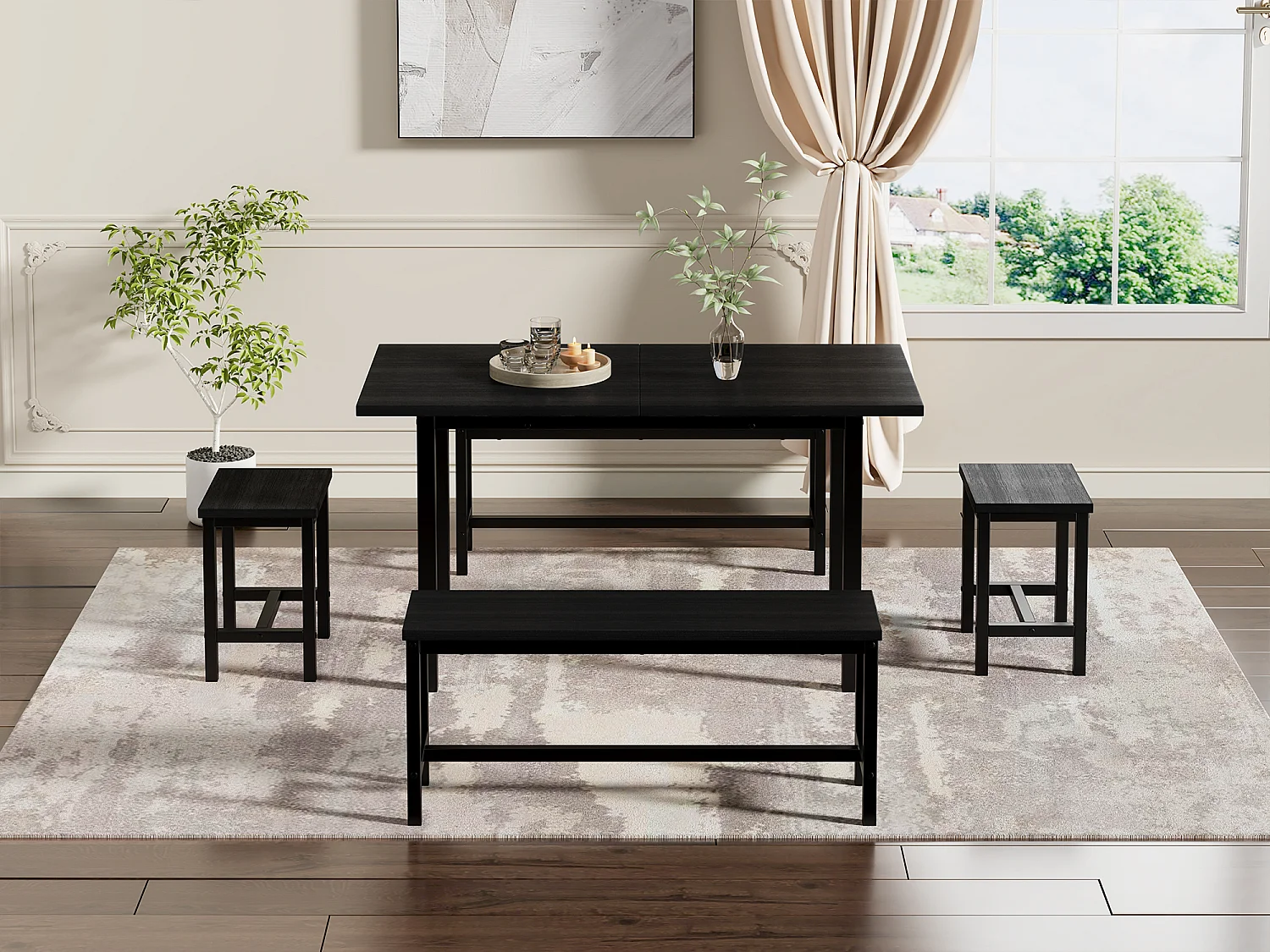 Ensemble table à manger (avec table et 4 chaises), table extensible, 160 /120x70x75 cm, pour 6 personnes, noir (L160xP120xH75cm)