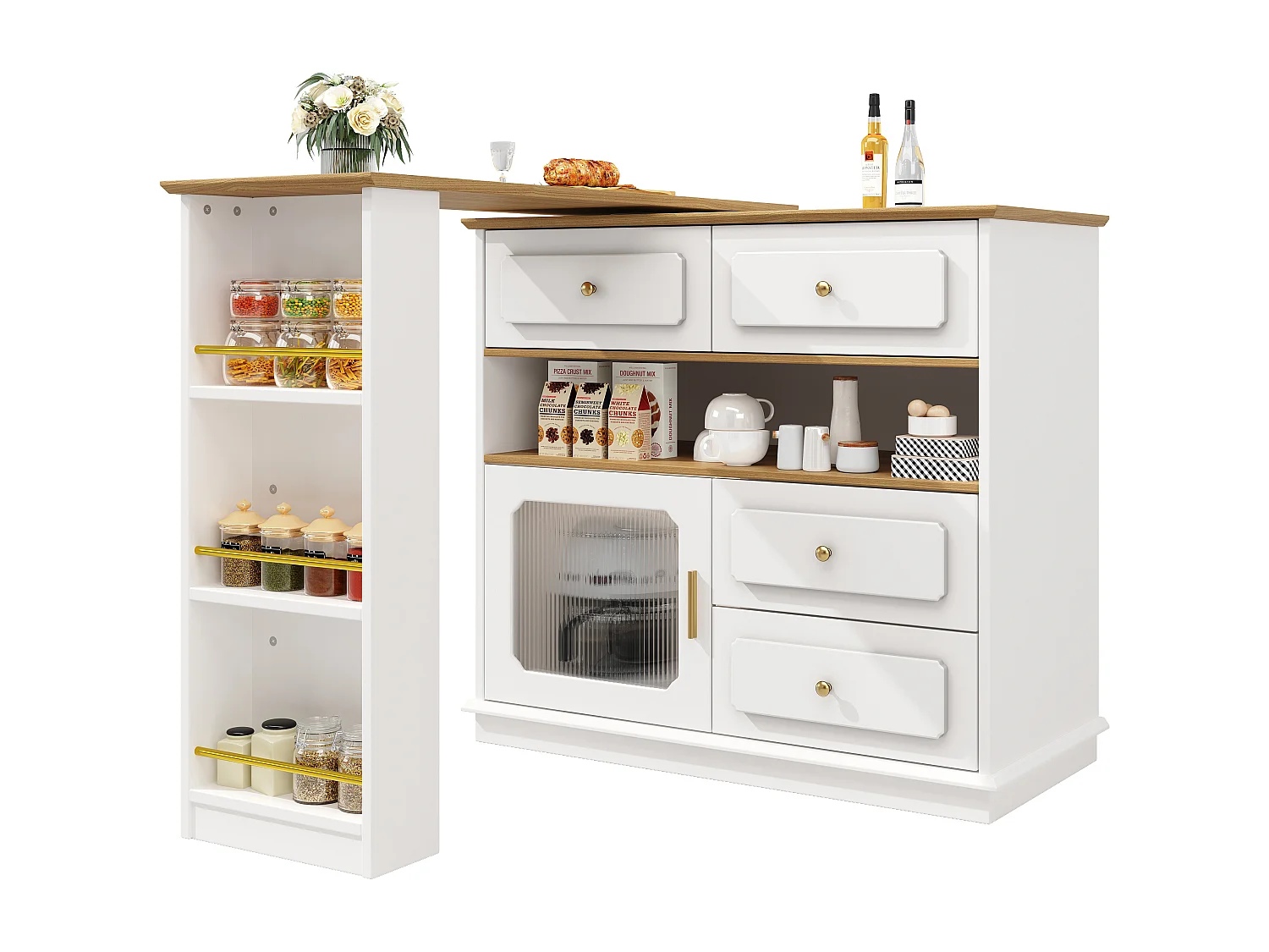 Bartisch Ausziehbar, Drehbar 360°, Stauraum, MDF, Weiß (125-181x39x104.5 cm)