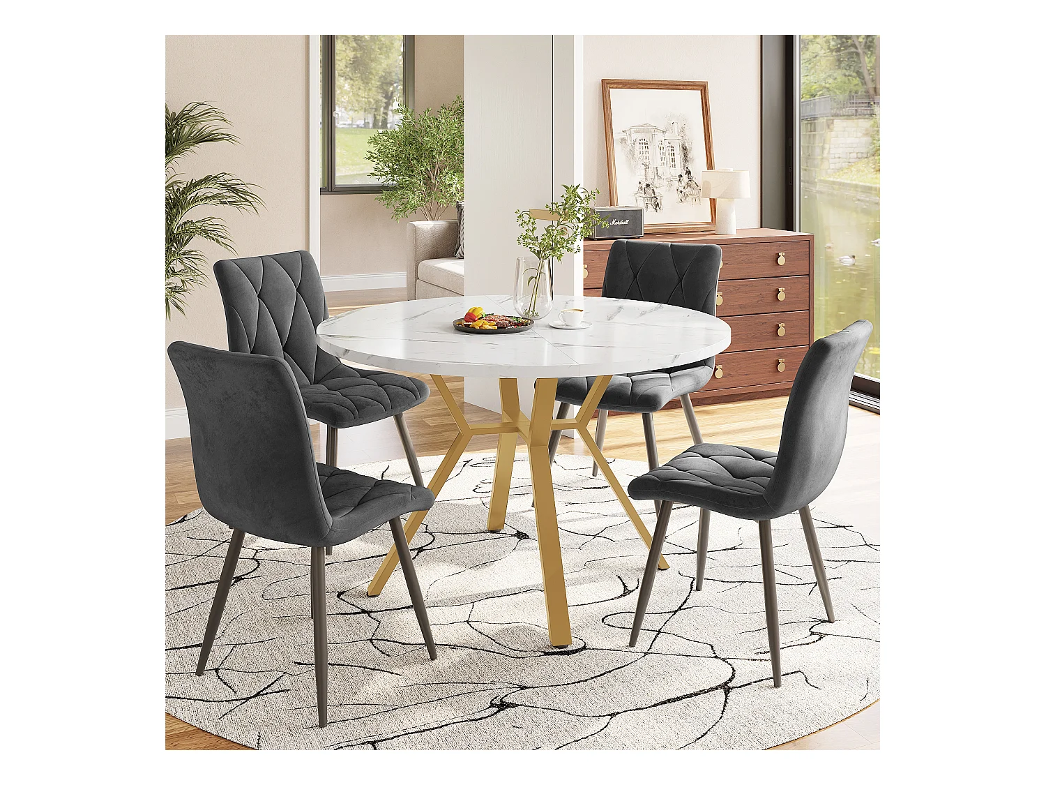 Ensemble table à manger et chaises (5 pièces), table ronde en marbre moderne + 4 chaises en velours gris avec pieds dorés (diamètre 50x75 cm)