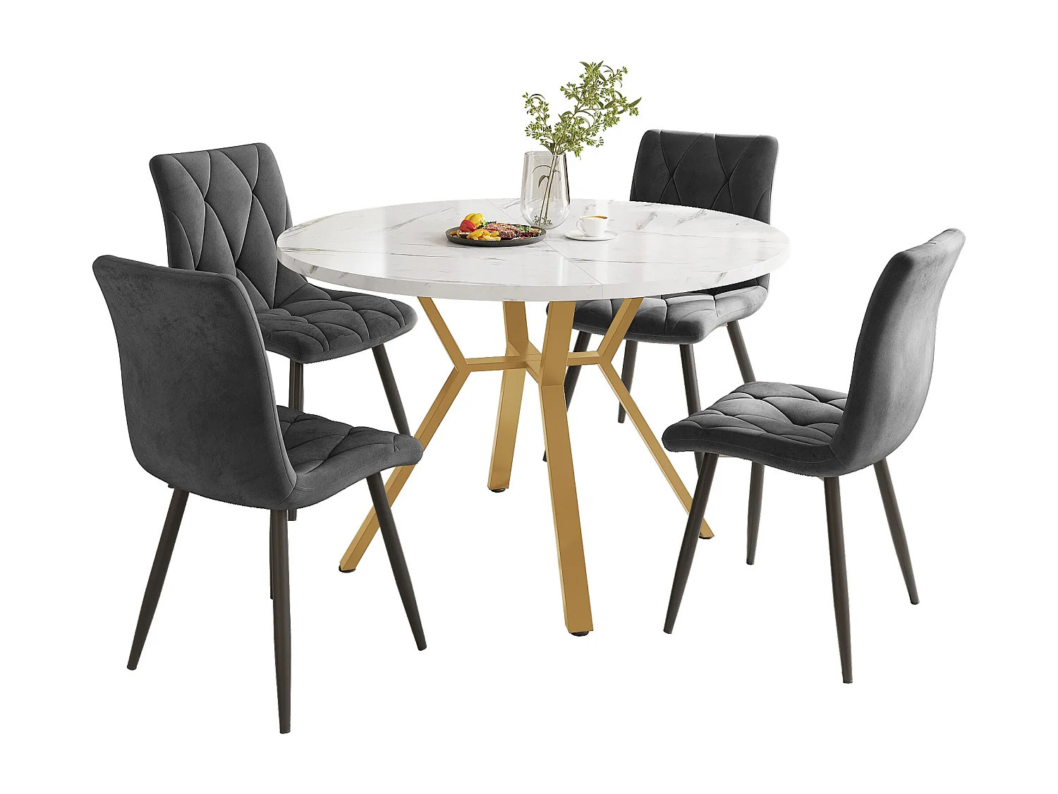 Ensemble table à manger et chaises (5 pièces), table ronde en marbre moderne + 4 chaises en velours gris avec pieds dorés (diamètre 50x75 cm)