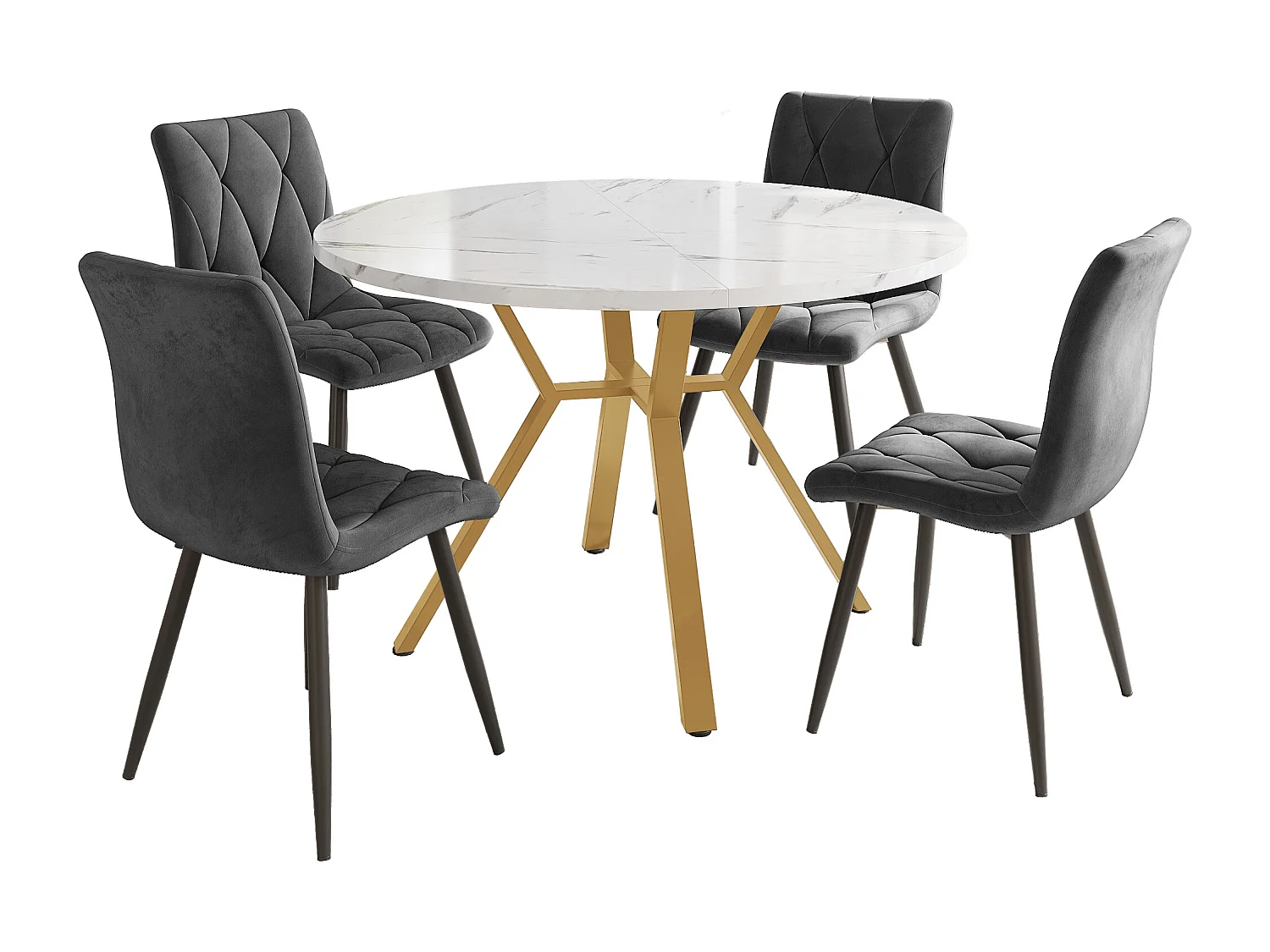 Ensemble table à manger et chaises (5 pièces), table ronde en marbre moderne + 4 chaises en velours gris avec pieds dorés (diamètre 50x75 cm)