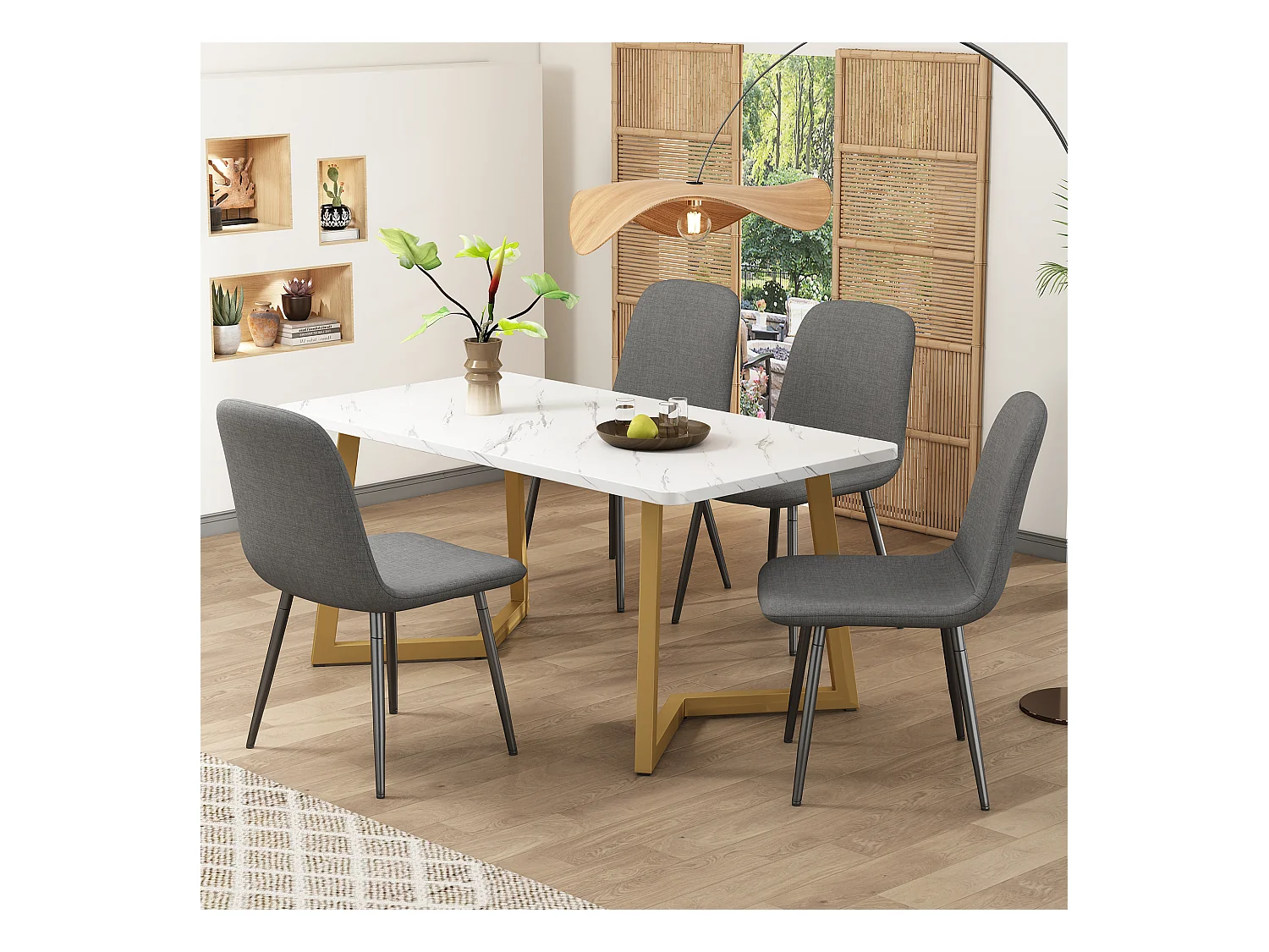 Ensemble de salle à manger (5 pièces), table moderne en MDF avec pieds dorés, 4 chaises en lin gris avec pieds métalliques (117x68x75 cm)