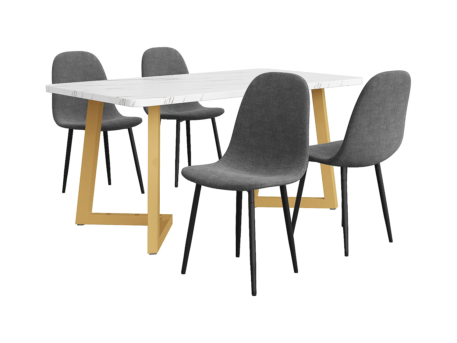 Ensemble de salle à manger (5 pièces), table moderne en MDF avec pieds dorés, 4 chaises en lin gris avec pieds métalliques (117x68x75 cm)