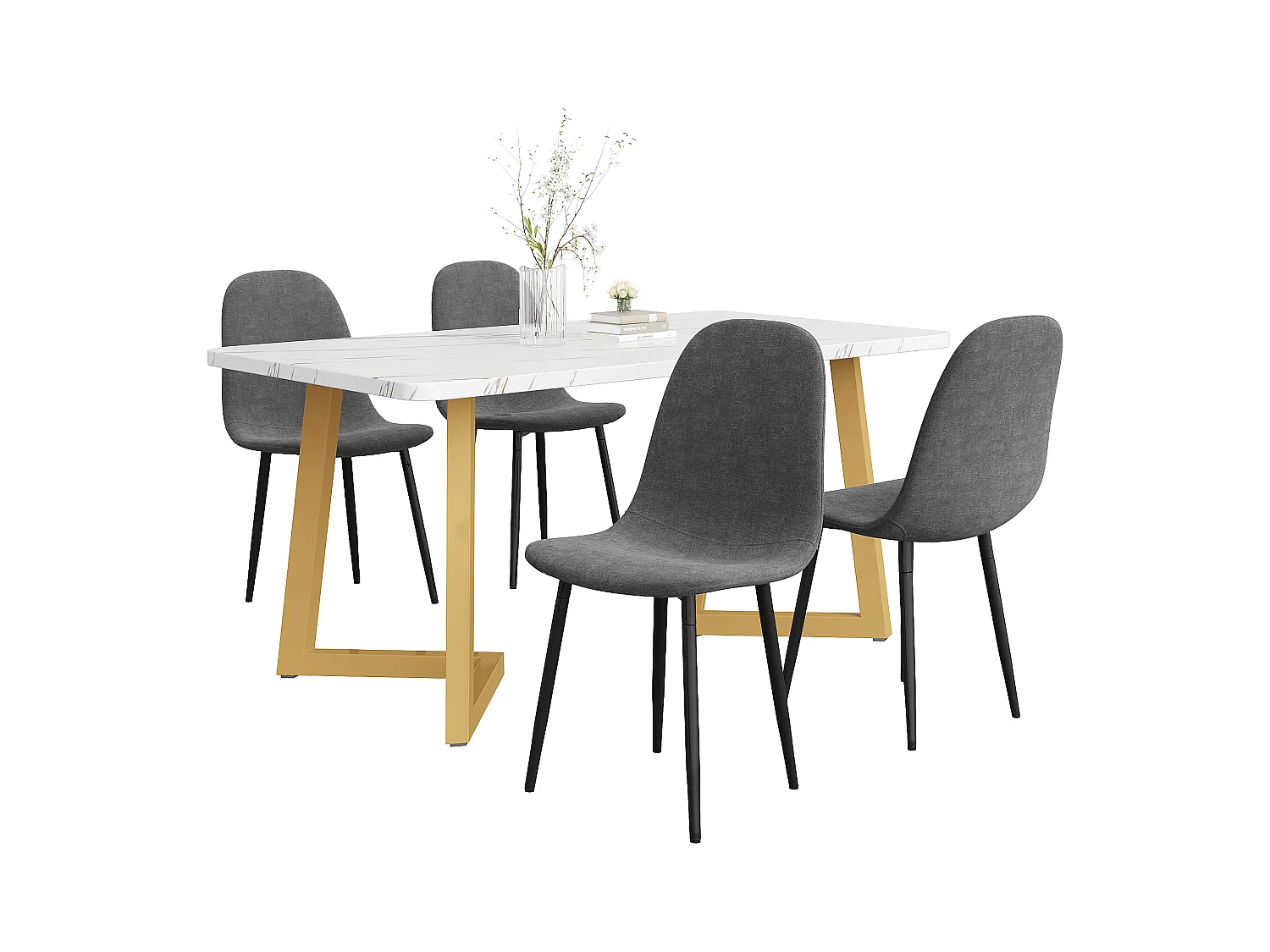 Ensemble de salle à manger (5 pièces), table moderne en MDF avec pieds dorés, 4 chaises en lin gris avec pieds métalliques (117x68x75 cm)