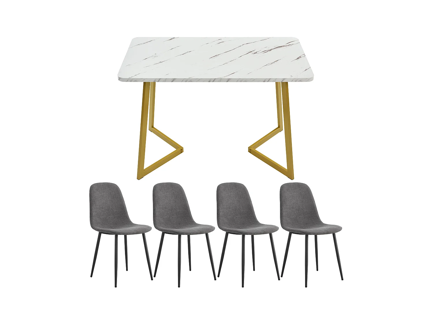Ensemble de salle à manger (5 pièces), table moderne en MDF avec pieds dorés, 4 chaises en lin gris avec pieds métalliques (117x68x75 cm)