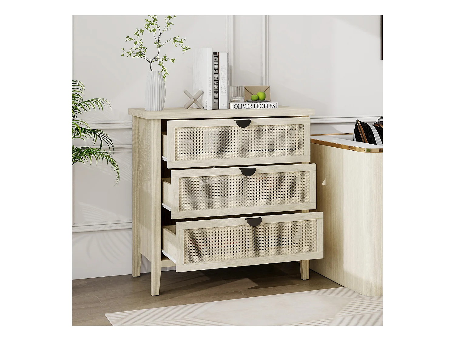 Meuble de rangement 3 tiroirs, design en bois naturel avec portes en rotin tressé, MDF, blanc et bois naturel (80x40x80 cm)