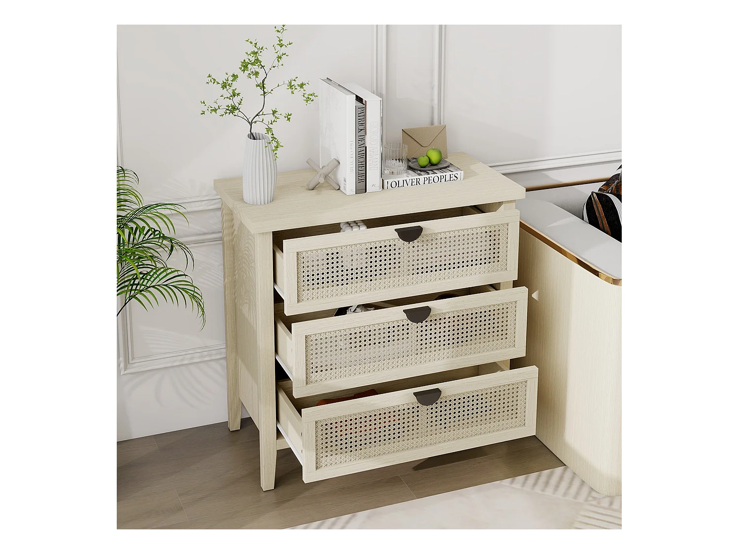 Meuble de rangement 3 tiroirs, design en bois naturel avec portes en rotin tressé, MDF, blanc et bois naturel (80x40x80 cm)