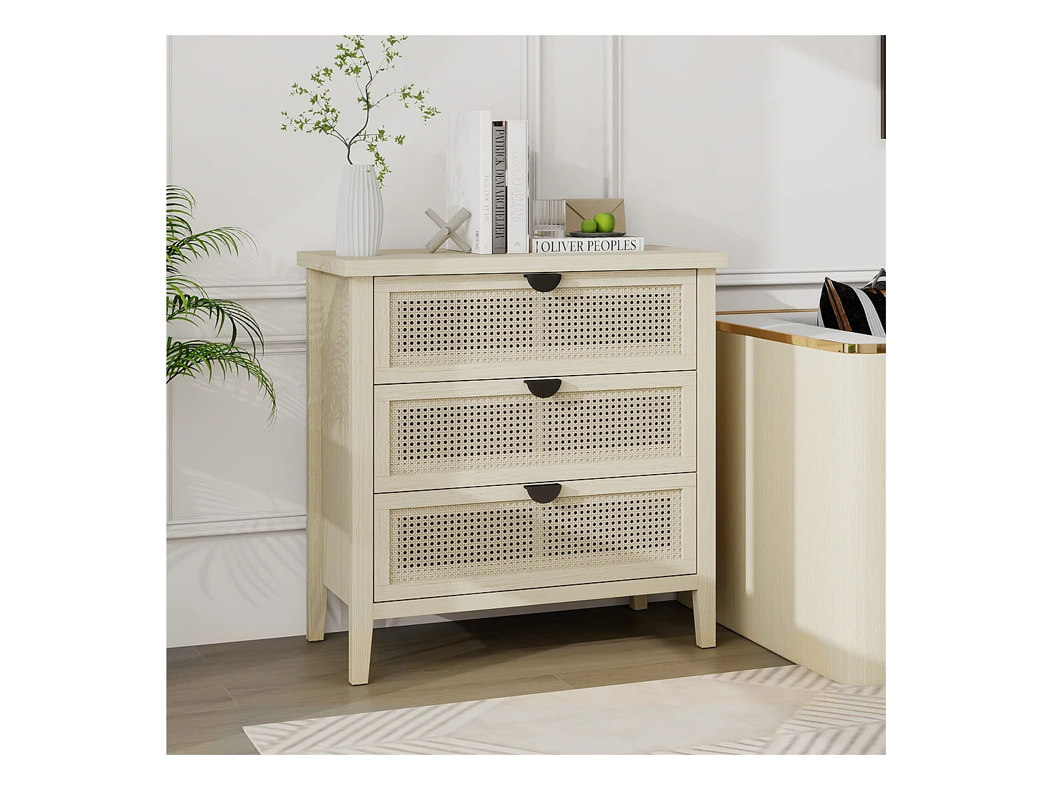 Meuble de rangement 3 tiroirs, design en bois naturel avec portes en rotin tressé, MDF, blanc et bois naturel (80x40x80 cm)