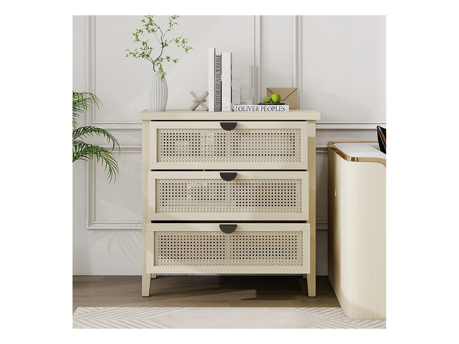 Meuble de rangement 3 tiroirs, design en bois naturel avec portes en rotin tressé, MDF, blanc et bois naturel (80x40x80 cm)