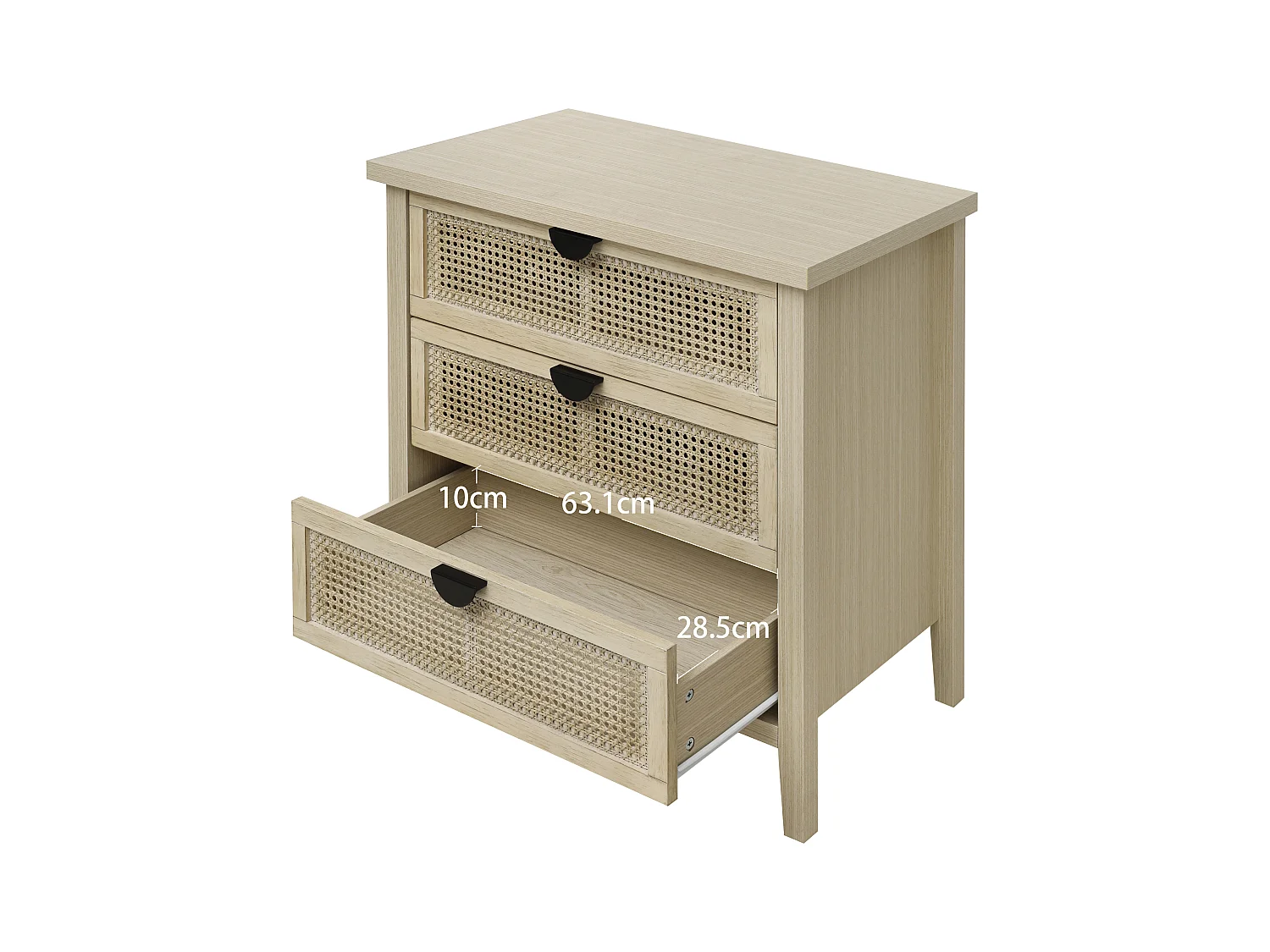 Meuble de rangement 3 tiroirs, design en bois naturel avec portes en rotin tressé, MDF, blanc et bois naturel (80x40x80 cm)