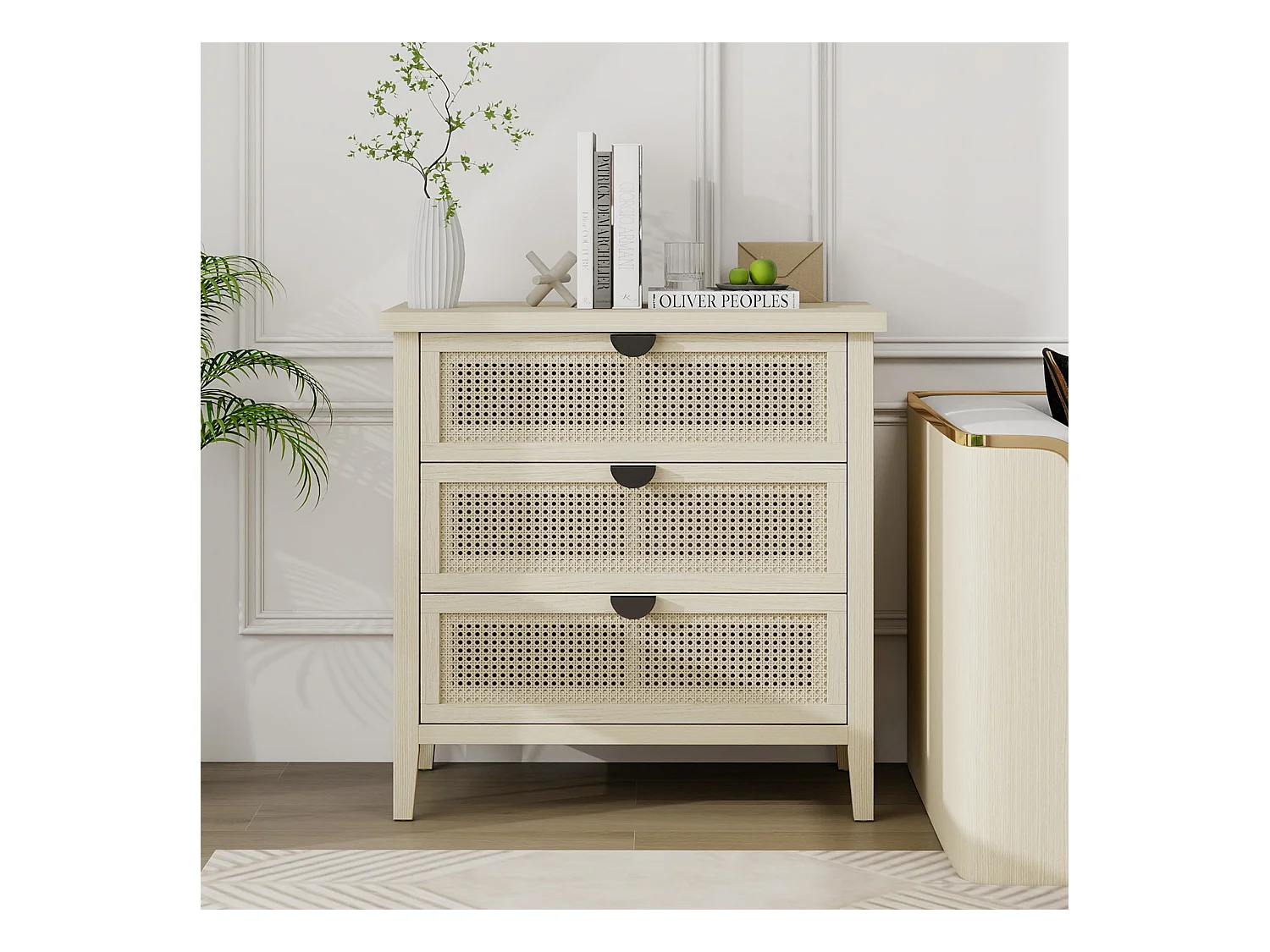 Meuble de rangement 3 tiroirs, design en bois naturel avec portes en rotin tressé, MDF, blanc et bois naturel (80x40x80 cm)