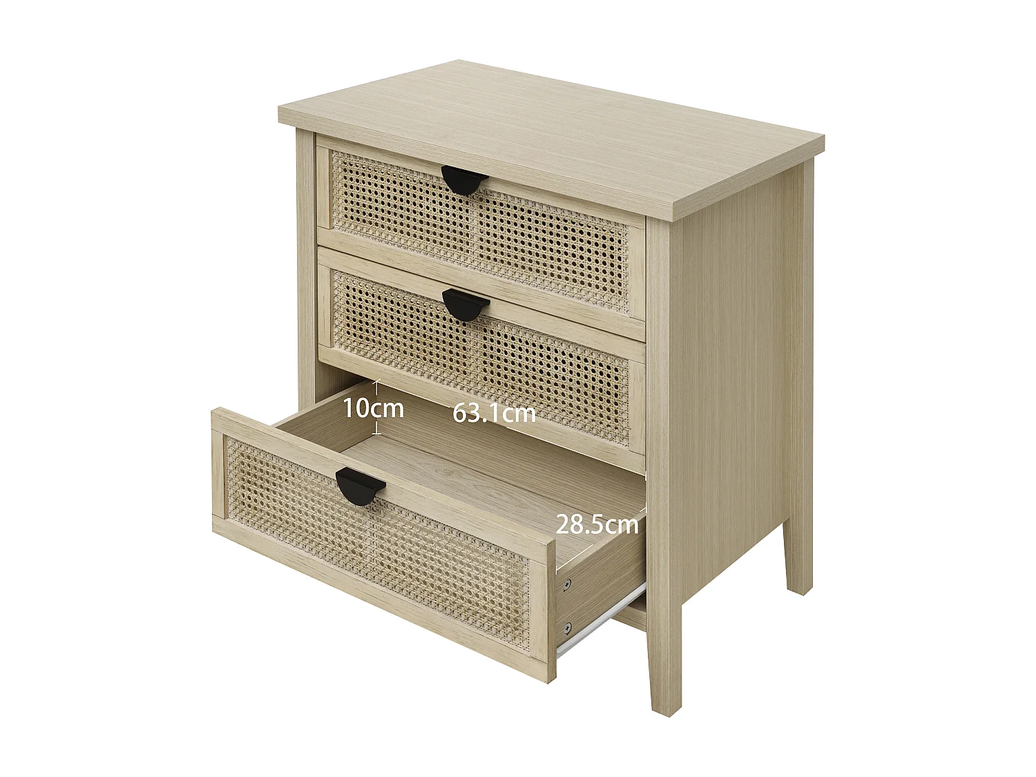 Meuble de rangement 3 tiroirs, design en bois naturel avec portes en rotin tressé, MDF, blanc et bois naturel (80x40x80 cm)