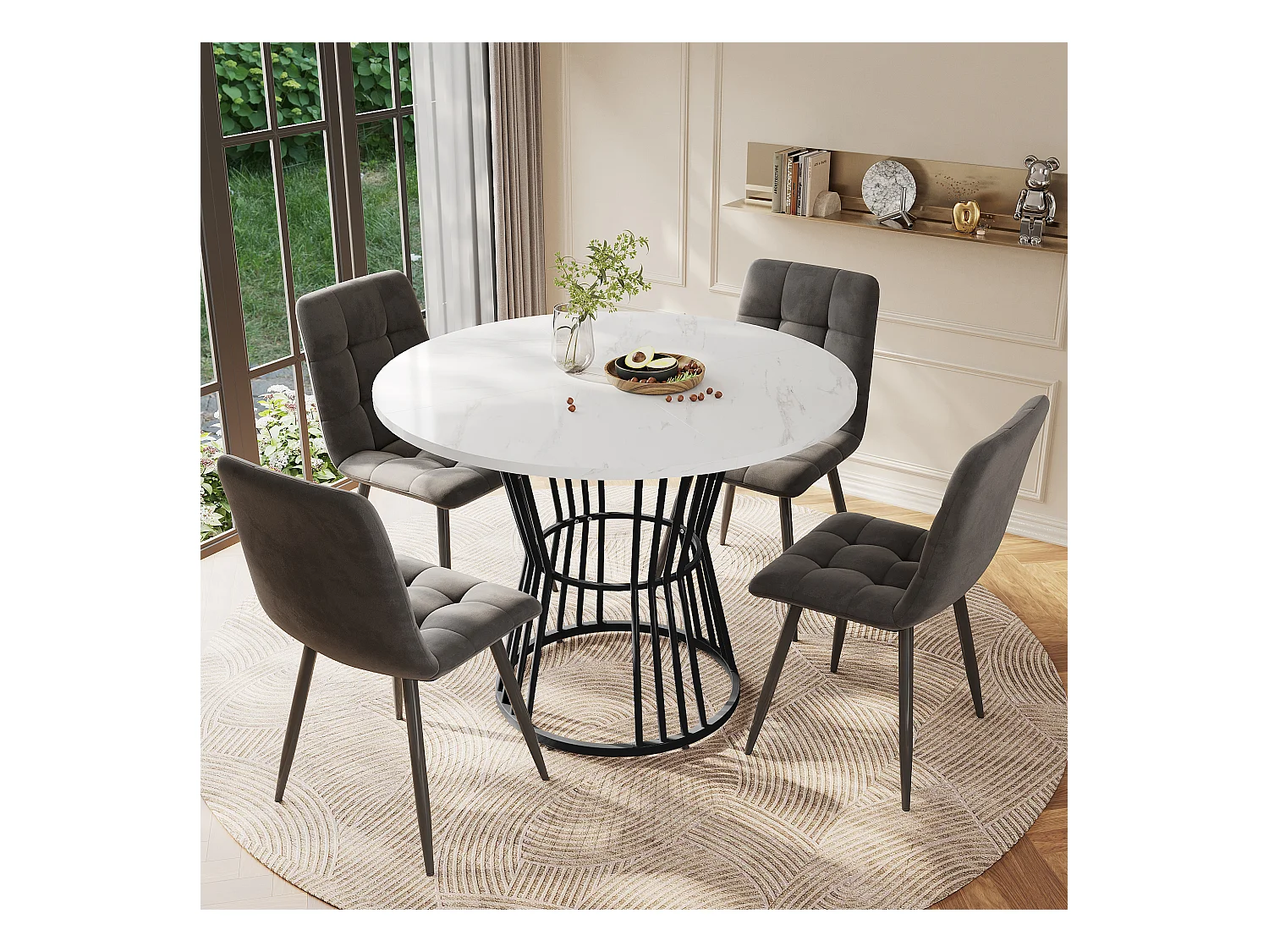 Eetkamerset (5-delig), uitschuifbare ronde tafel (100 cm), zwarte metalen poten, wit gemarmerd MDF-blad (100x100x75 cm)