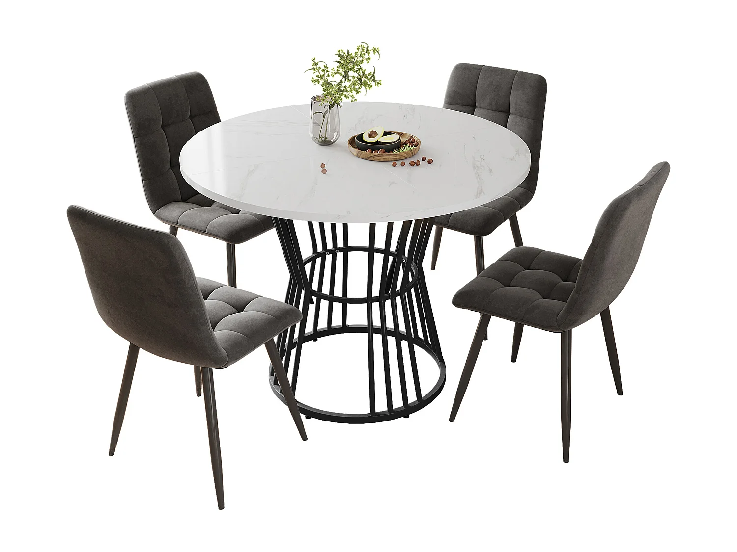 Ensemble de salle à manger (5 pièces), table ronde extensible (100 cm), pieds métalliques noirs, plateau MDF blanc marbré (100x100x75 cm)