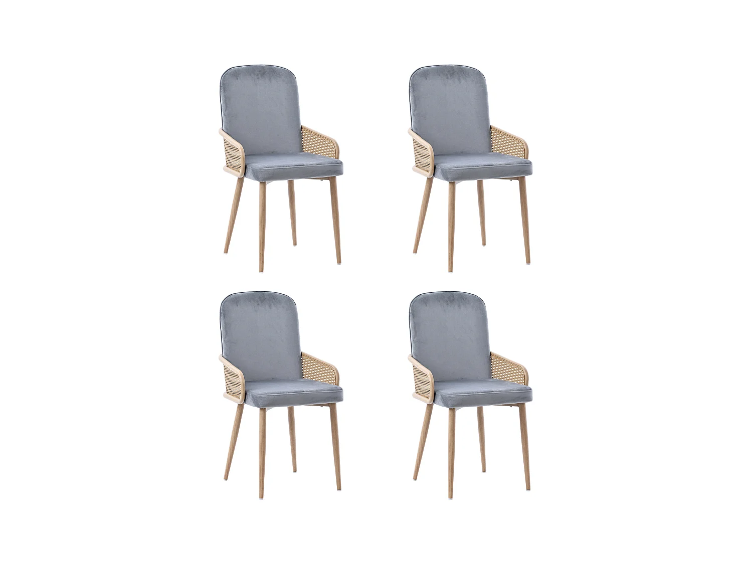 Set de 4 chaises de salle à manger en velours, Design Rattan, Métal, Gris, (61x59.5x52 cm)