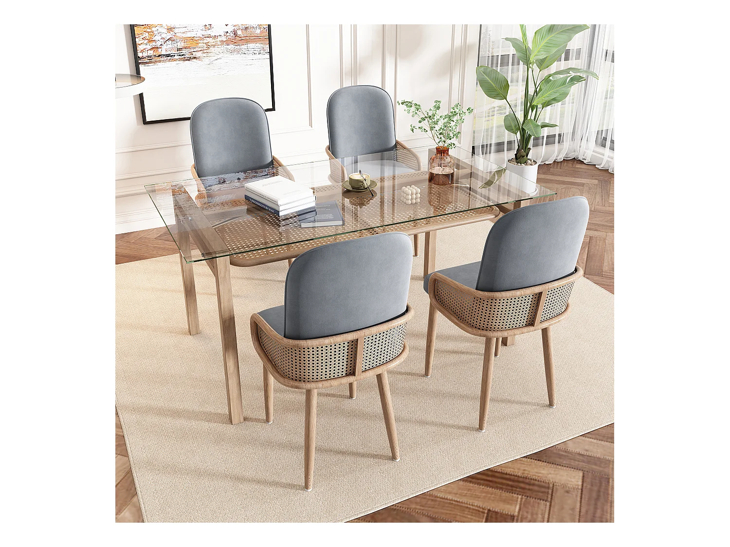 Set van 4 fluwelen eetkamerstoelen, rotandesign, metaal, grijs, (61x59,5x52 cm)
