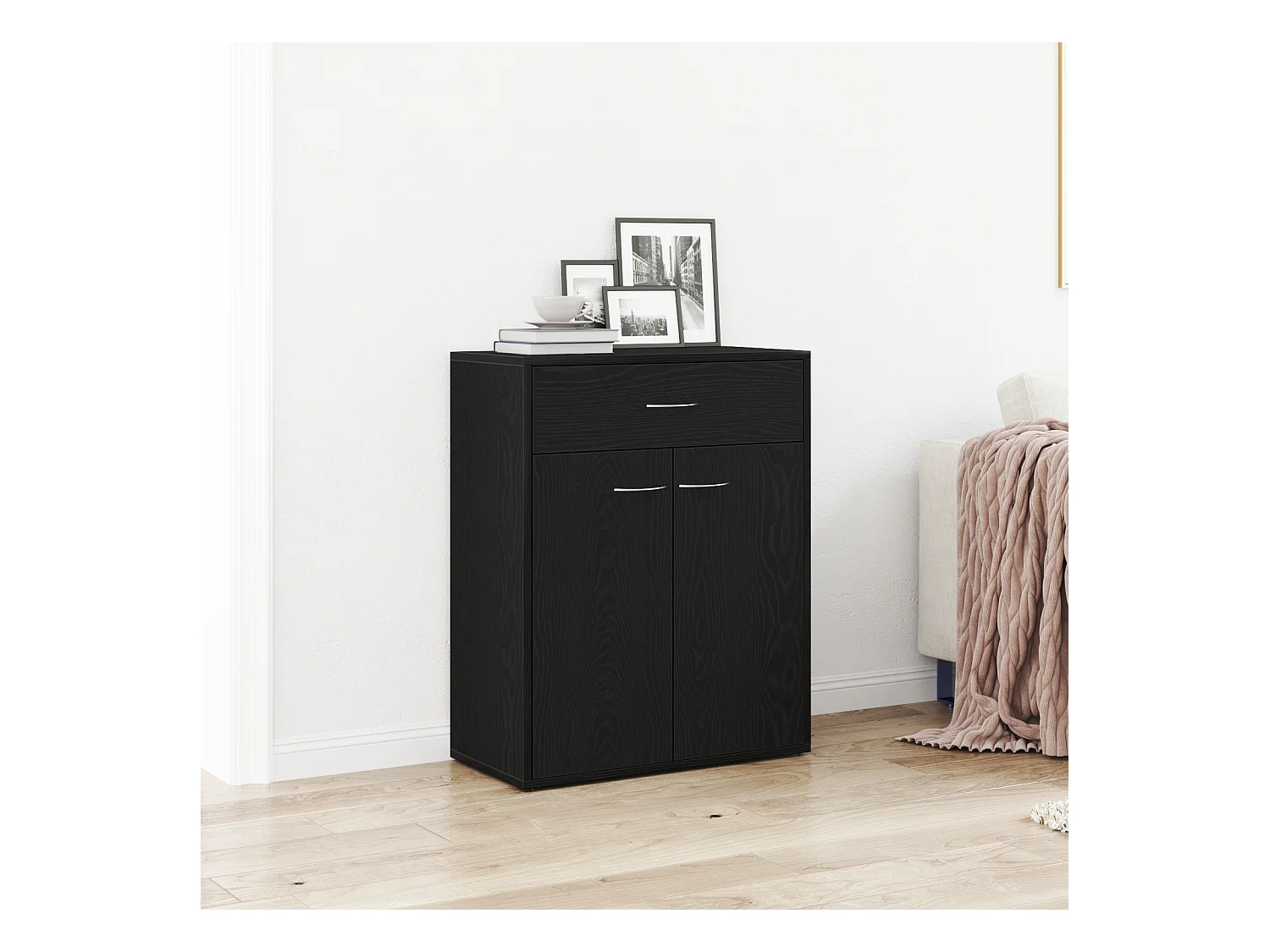 Buffet Noir Chêne 60x30x75 cm en bois d'ingénierie