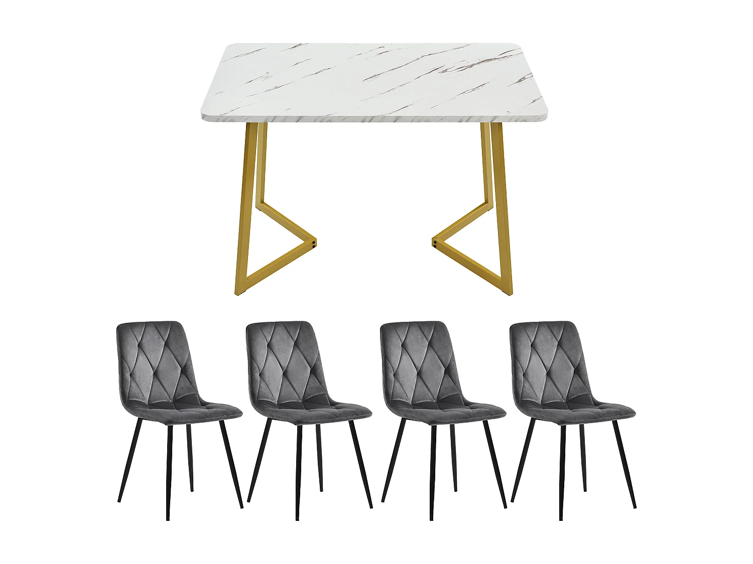 Set de salle à manger (5 pièces), table rectangulaire 117x68 cm, pieds métalliques dorés, chaises en velours gris (117x68x75 cm)