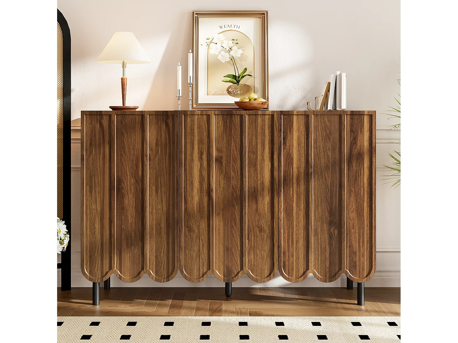 Aparador moderno de madera con puertas onduladas, diseño limpio, MDF, color nogal (120x35x80 cm)