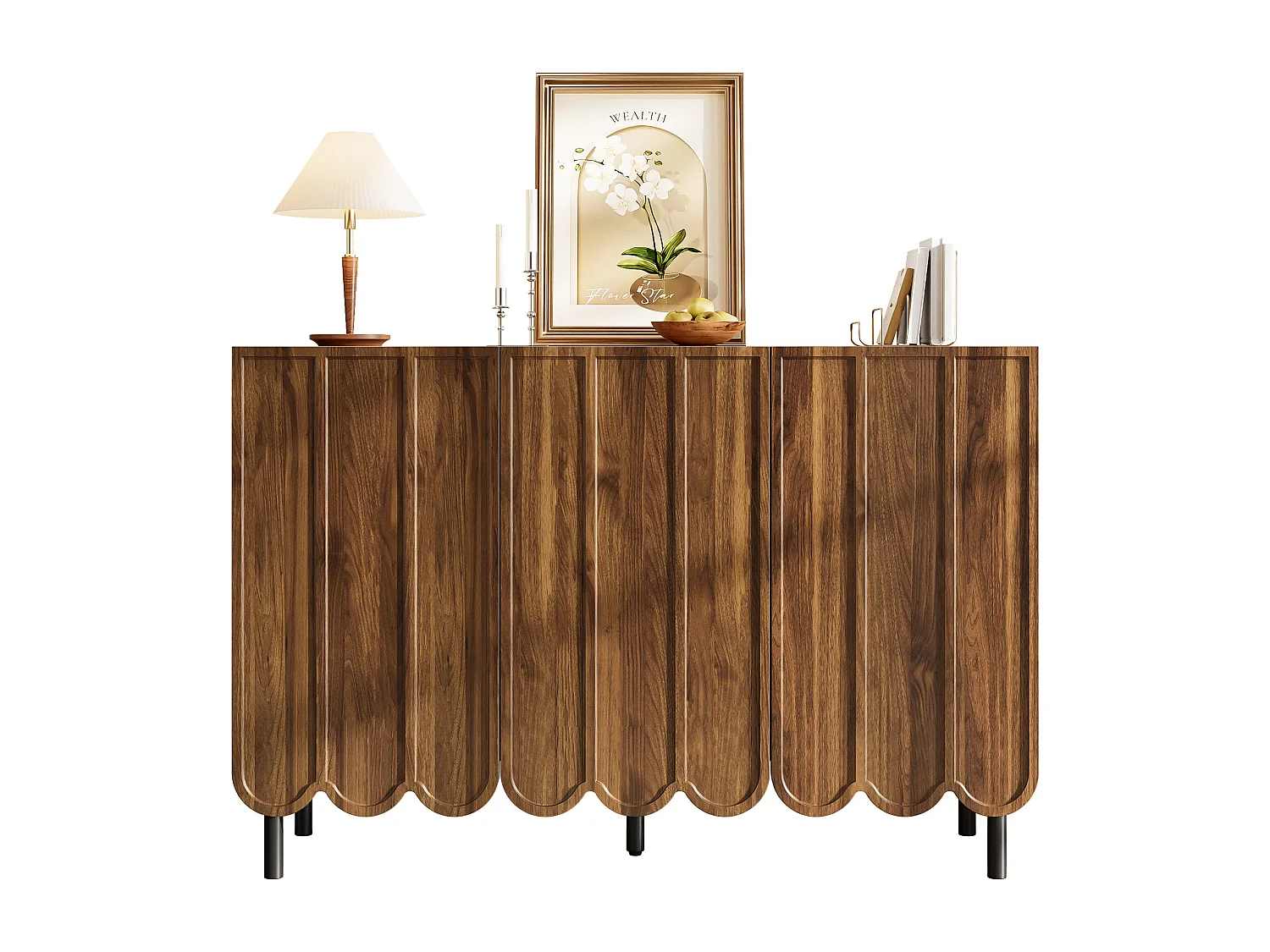 Aparador moderno de madera con puertas onduladas, diseño limpio, MDF, color nogal (120x35x80 cm)