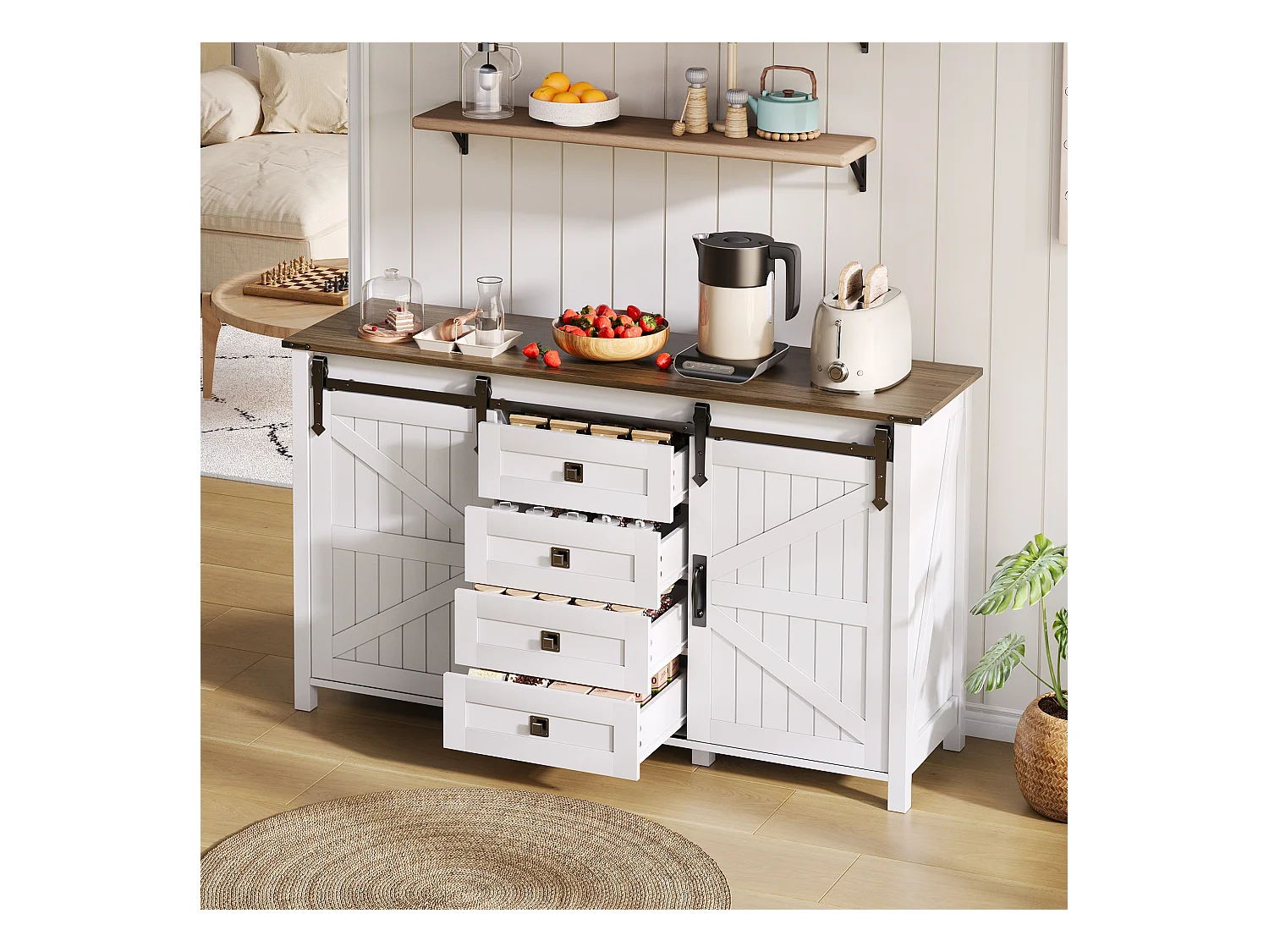 Buffet vintage avec 4 tiroirs, portes coulissantes et grand espace de rangement, Bois, Blanc (137x40x81.5 cm)