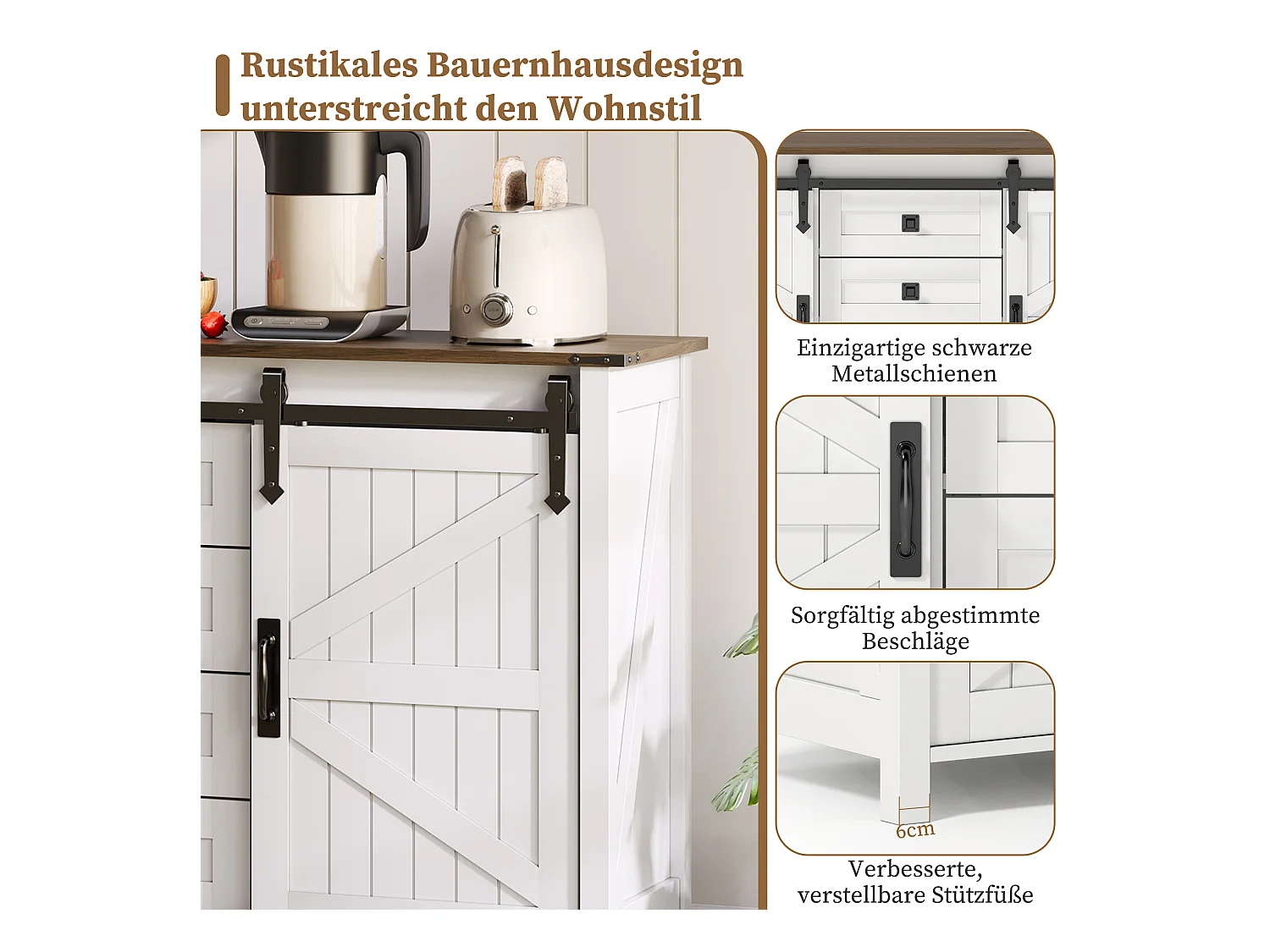 Buffet vintage avec 4 tiroirs, portes coulissantes et grand espace de rangement, Bois, Blanc (137x40x81.5 cm)