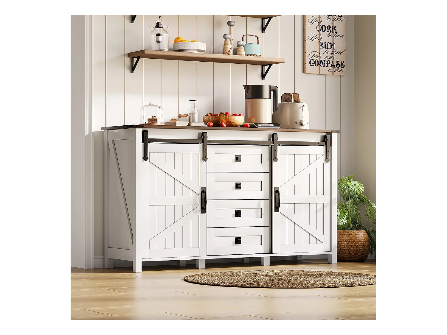 Buffet vintage avec 4 tiroirs, portes coulissantes et grand espace de rangement, Bois, Blanc (137x40x81.5 cm)