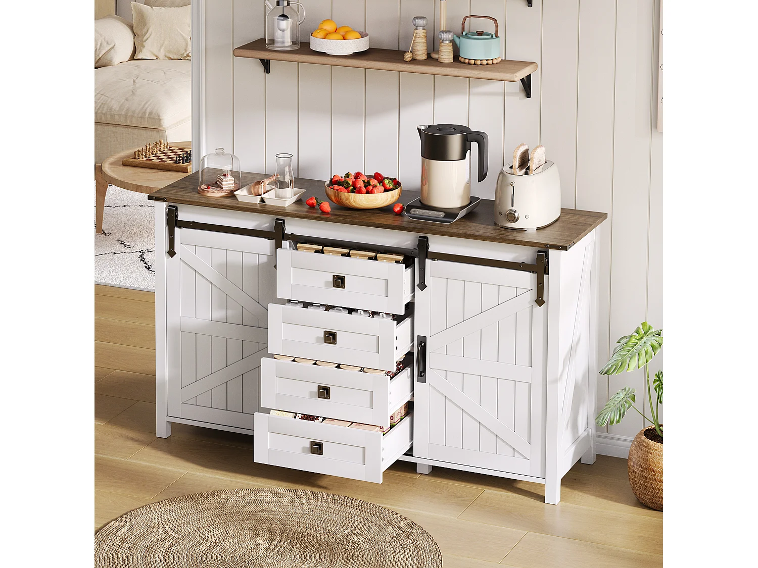 Buffet vintage avec 4 tiroirs, portes coulissantes et grand espace de rangement, Bois, Blanc (137x40x81.5 cm)