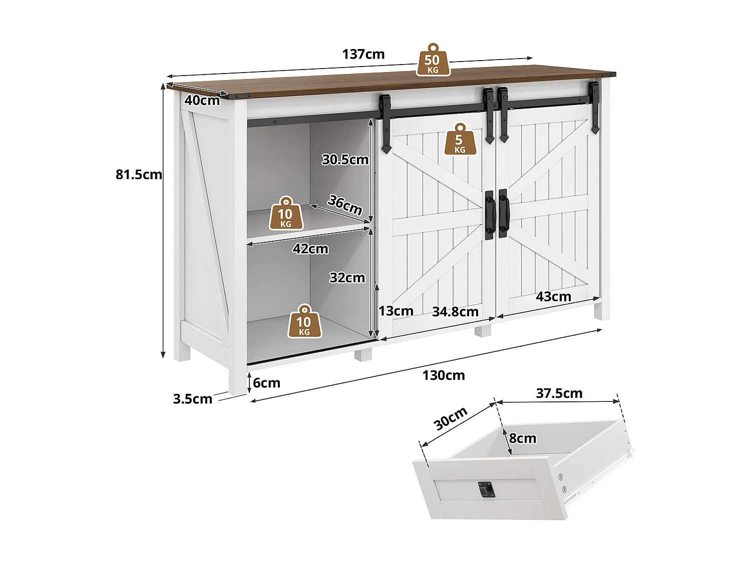 Buffet vintage avec 4 tiroirs, portes coulissantes et grand espace de rangement, Bois, Blanc (137x40x81.5 cm)