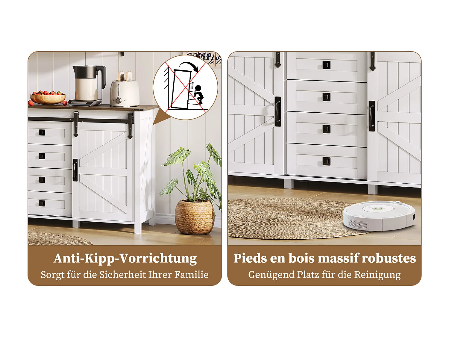 Buffet vintage avec 4 tiroirs, portes coulissantes et grand espace de rangement, Bois, Blanc (137x40x81.5 cm)