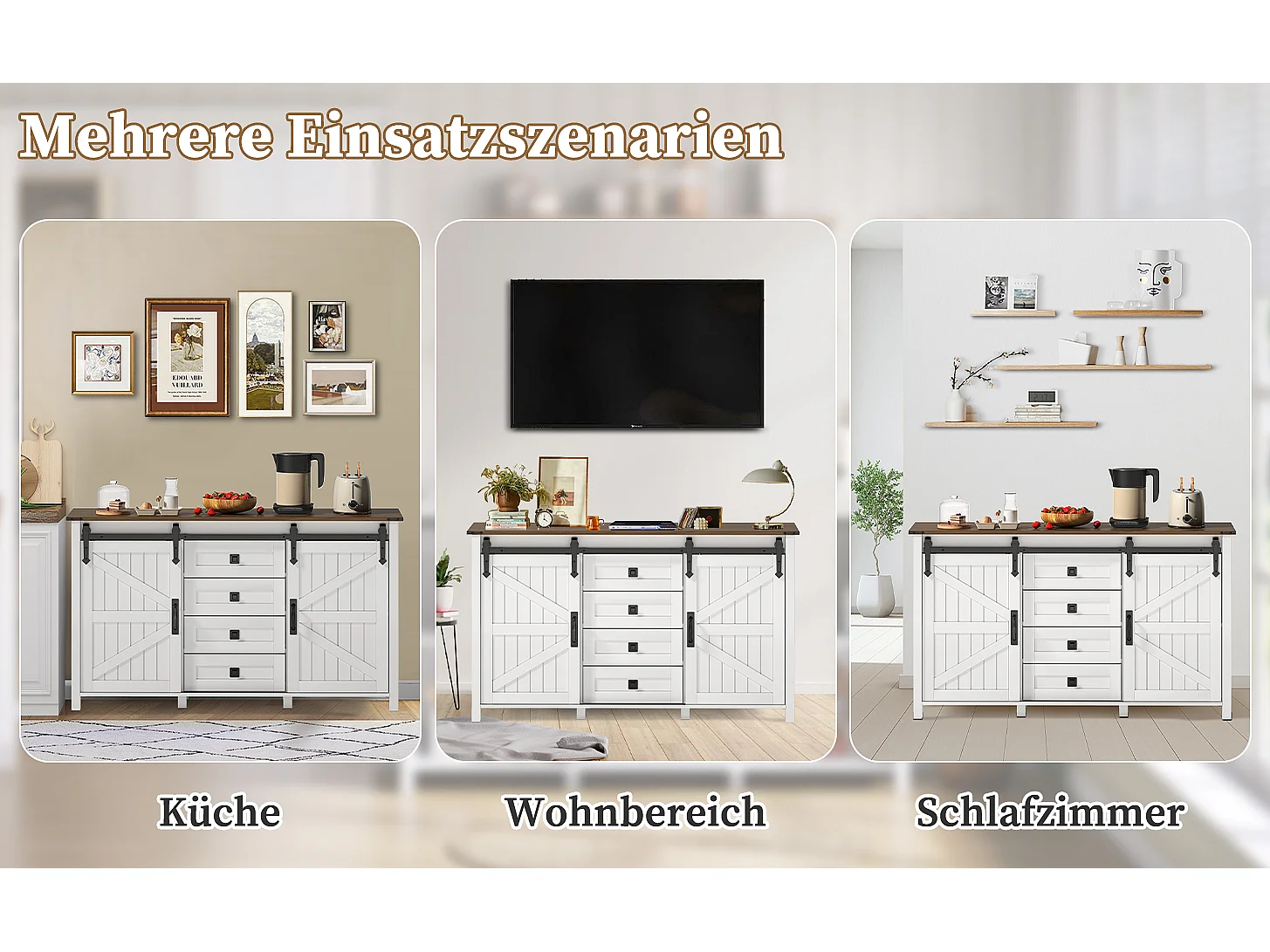 Buffet vintage avec 4 tiroirs, portes coulissantes et grand espace de rangement, Bois, Blanc (137x40x81.5 cm)