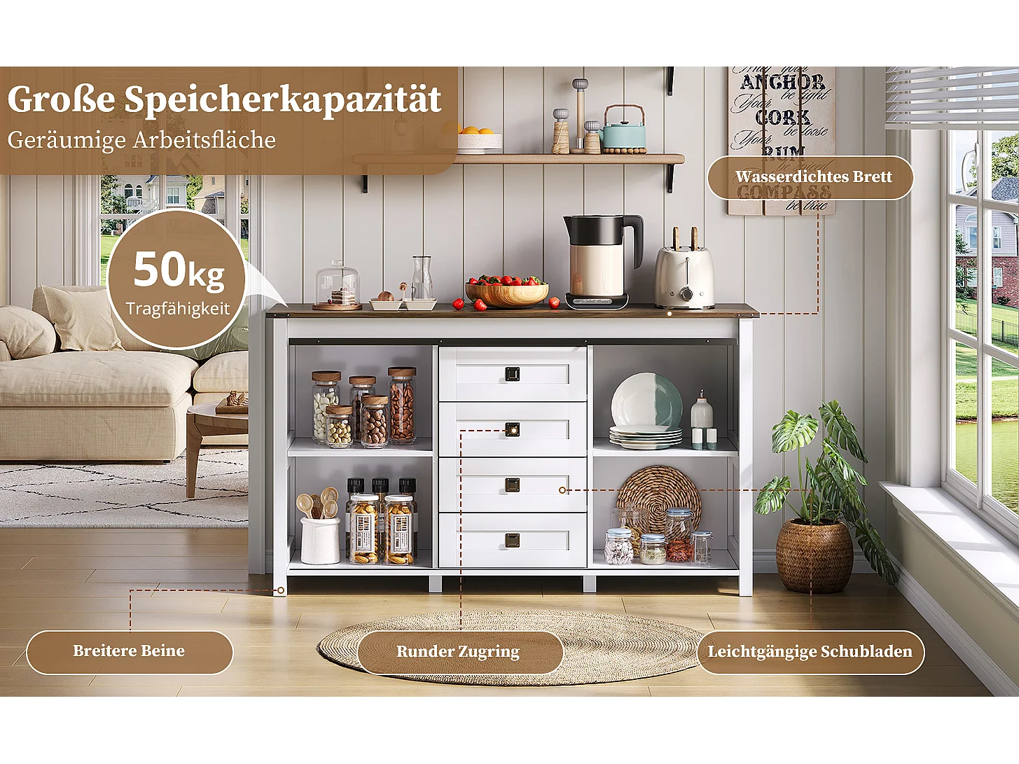 Buffet vintage avec 4 tiroirs, portes coulissantes et grand espace de rangement, Bois, Blanc (137x40x81.5 cm)