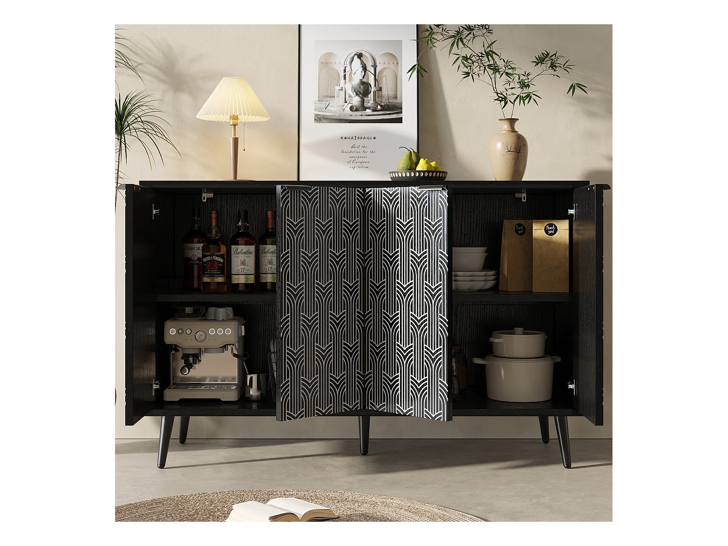 Armoire de salle à manger, rangement avec porte en bois sculptée, MDF, noir (120x35x78 cm)