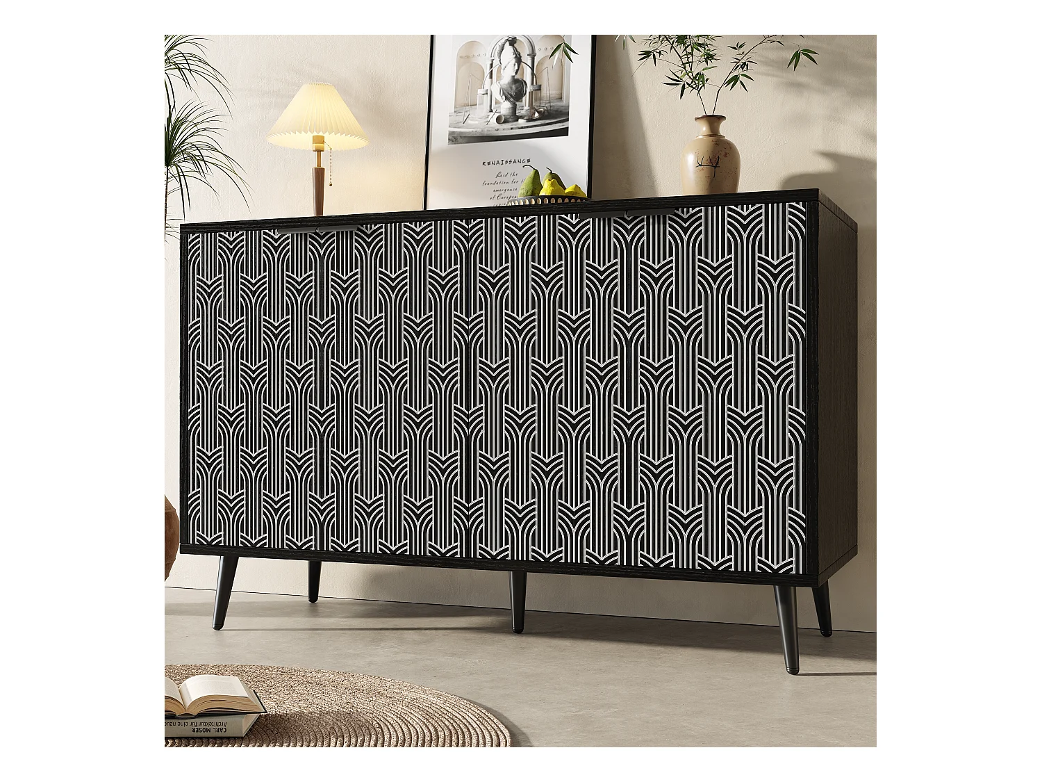 Armoire de salle à manger, rangement avec porte en bois sculptée, MDF, noir (120x35x78 cm)