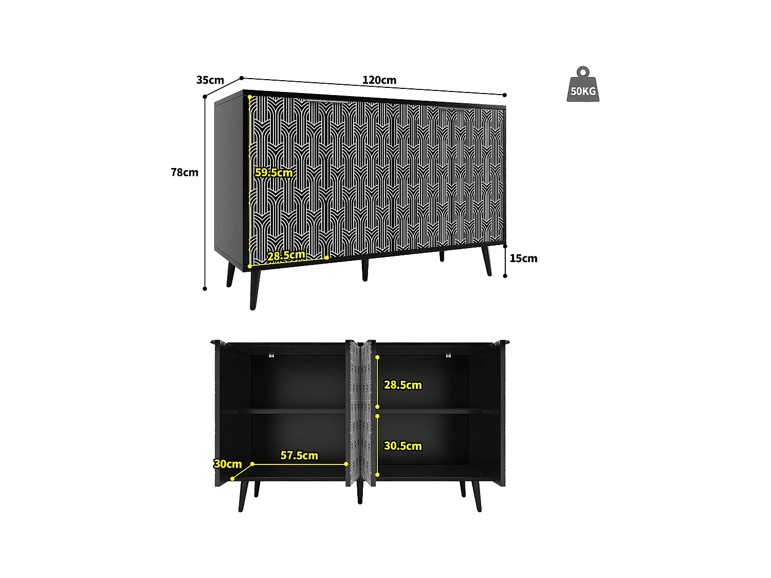 Armoire de salle à manger, rangement avec porte en bois sculptée, MDF, noir (120x35x78 cm)