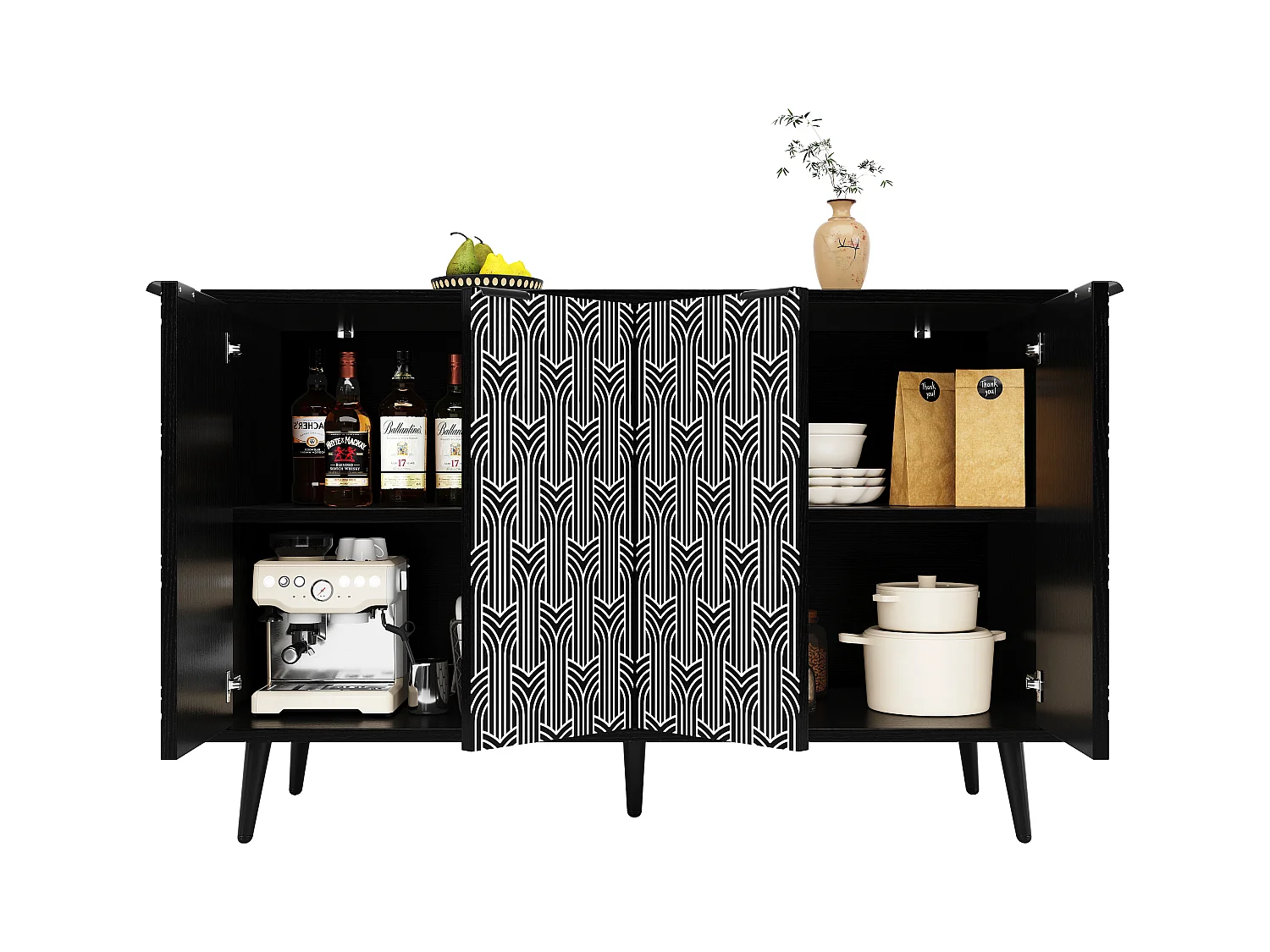 Armoire de salle à manger, rangement avec porte en bois sculptée, MDF, noir (120x35x78 cm)