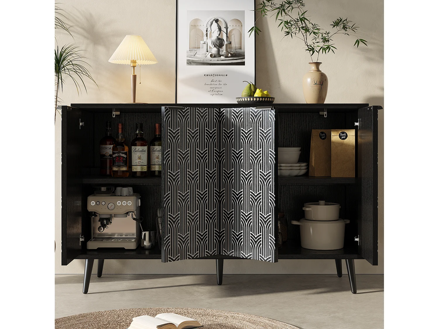 Eetkamerkast, opbergruimte met gesneden houten deur, MDF, zwart (120x35x78 cm)