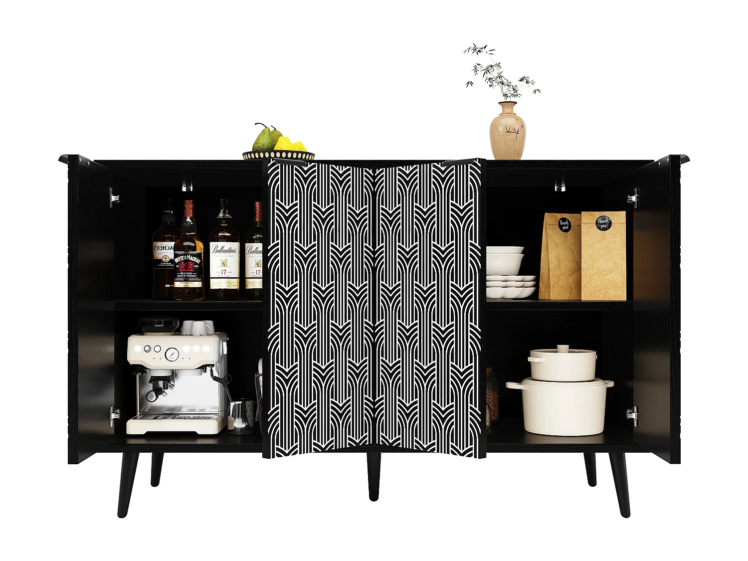 Eetkamerkast, opbergruimte met gesneden houten deur, MDF, zwart (120x35x78 cm)