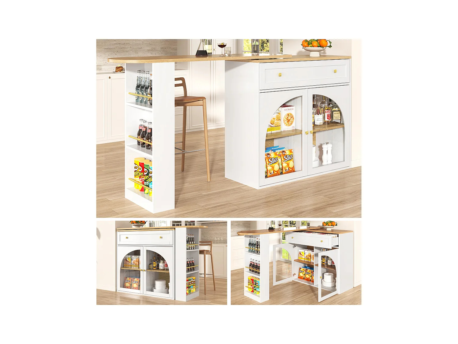 Bartisch Ausziehbar mit Stauraum, Drehbar 360°, MDF, Weiß (138-204x39x104 cm)