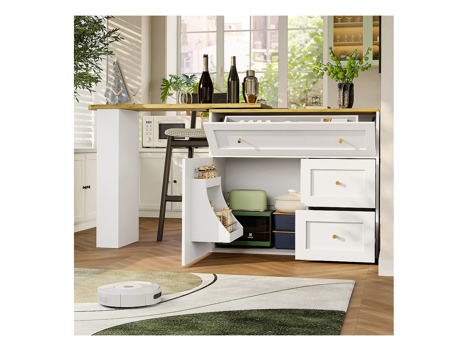 Table de bar extensible avec rangement, table haute, avec étagère à snacks, design moderne, MDF, métal, blanc (138-204x39x105 cm)