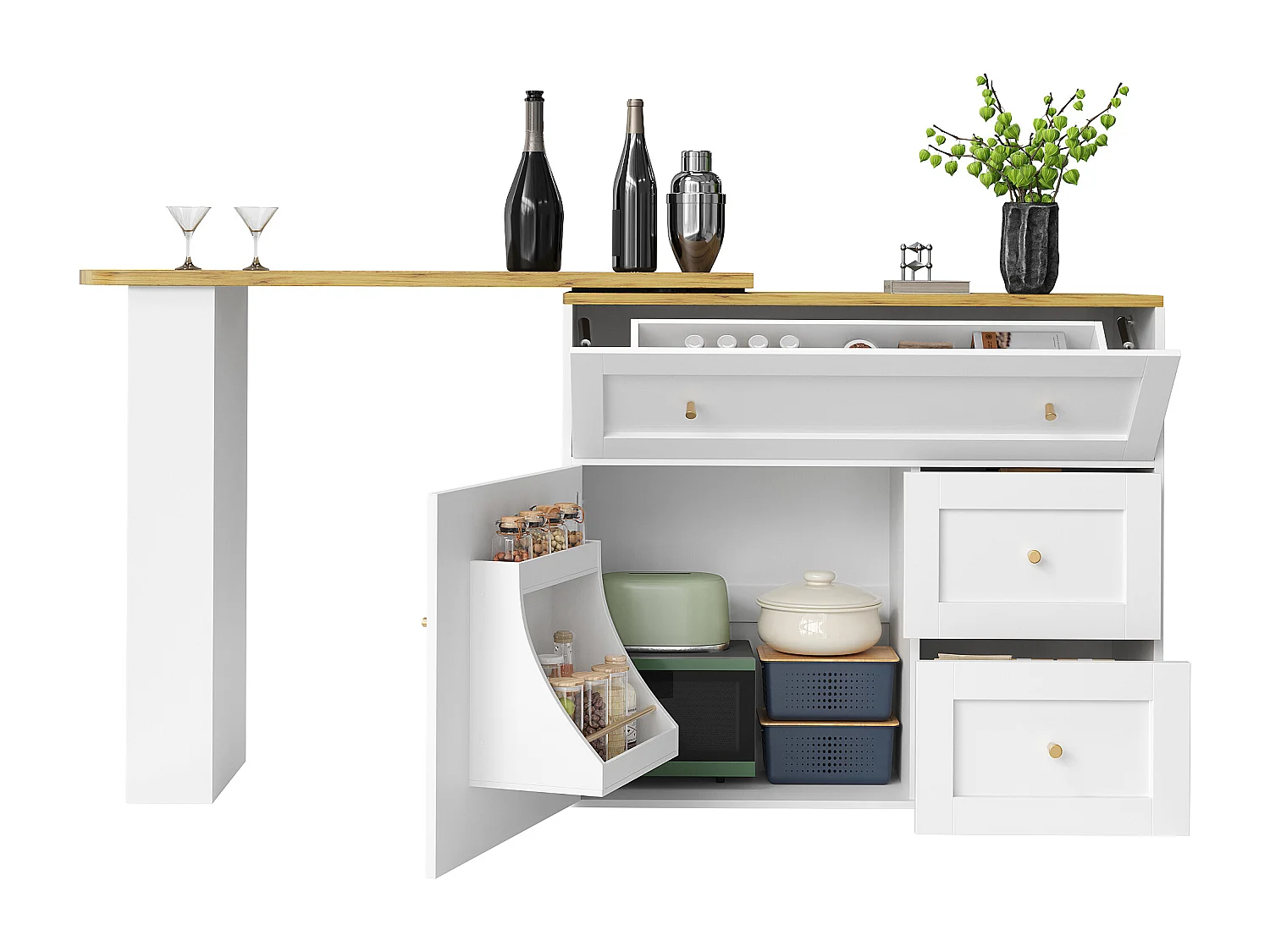 Mesa de bar extensible con rango, mesa alta, con étagère à snacks, diseño moderno, MDF, metal, blanco (138-204x39x105 cm)