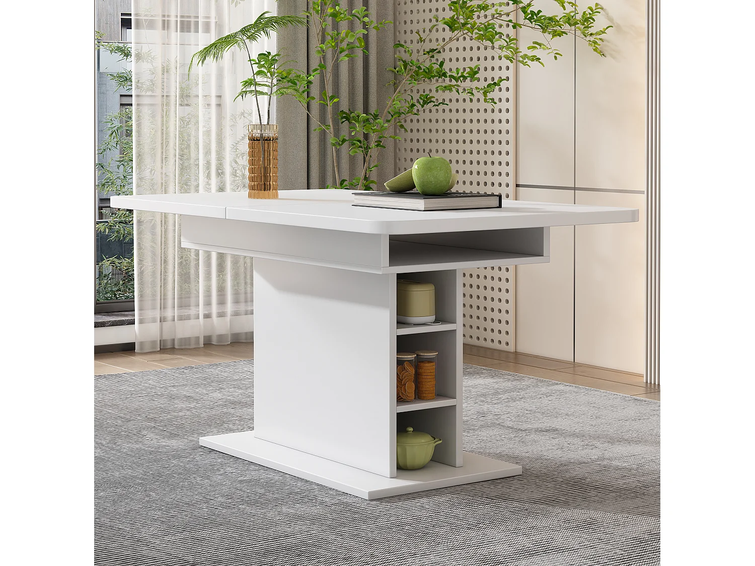 Eetkamerset met uitschuifbare tafel en 6 stoelen, Sherpa stof, metalen poten, wit (110x40x72 cm)