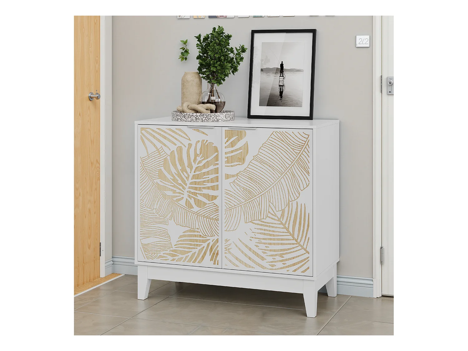 Buffet vintage avec portes décoratives en feuille, MDF, blanc (80x38x76 cm)