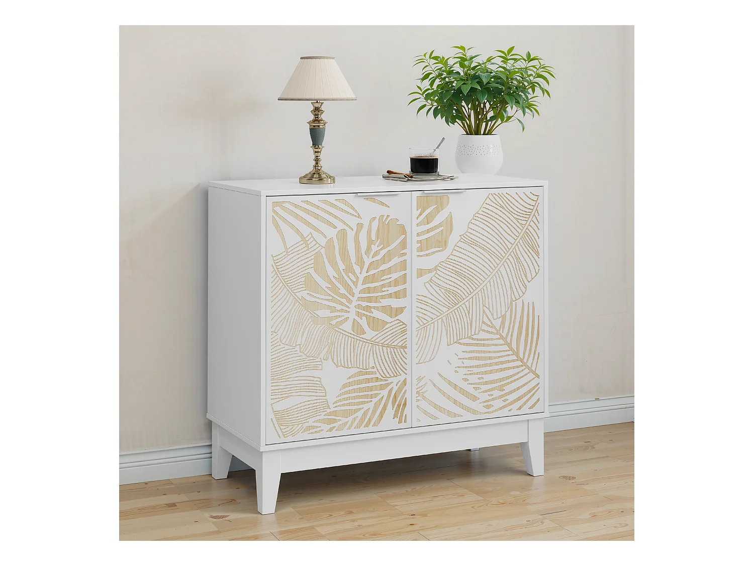 Buffet vintage avec portes décoratives en feuille, MDF, blanc (80x38x76 cm)