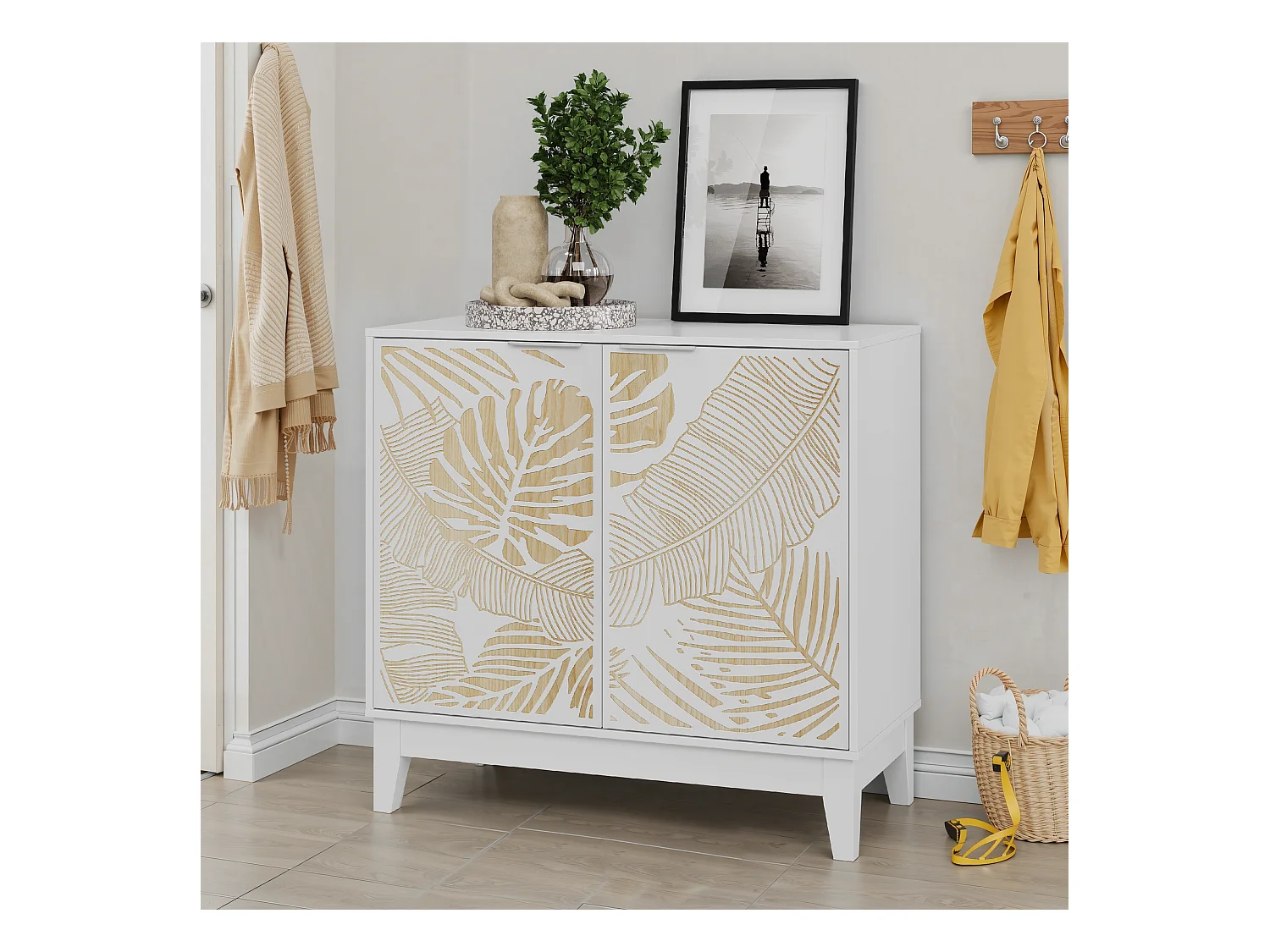 Buffet vintage avec portes décoratives en feuille, MDF, blanc (80x38x76 cm)