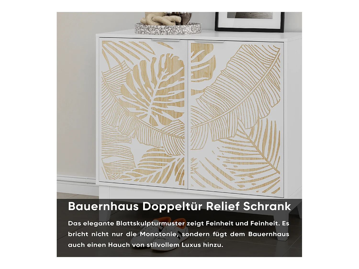 Buffet vintage avec portes décoratives en feuille, MDF, blanc (80x38x76 cm)